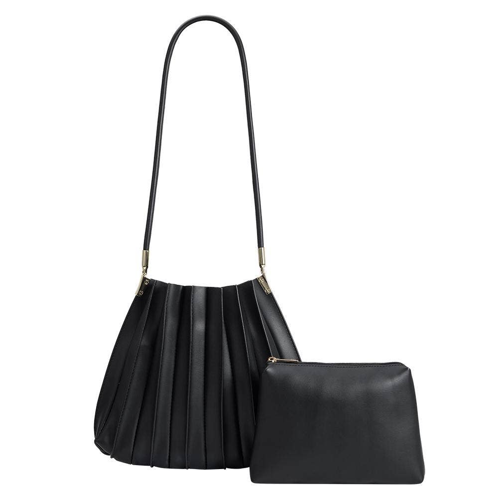 Carrie Black Pleated Vegan Leather Shoulder Bag