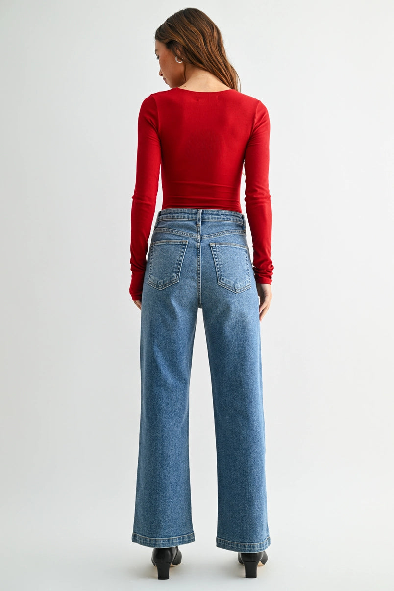 June Patch Pocket Wide Leg Jean in Medium Denim