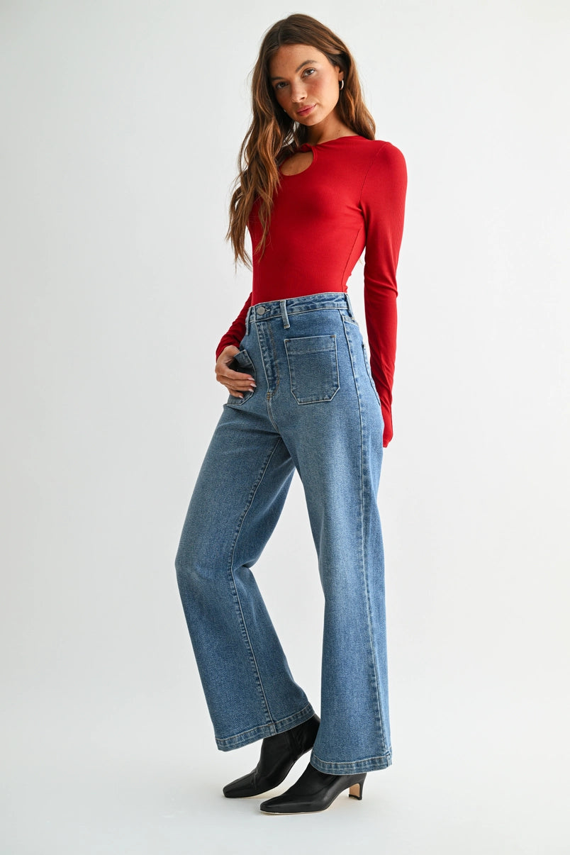 June Patch Pocket Wide Leg Jean in Medium Denim