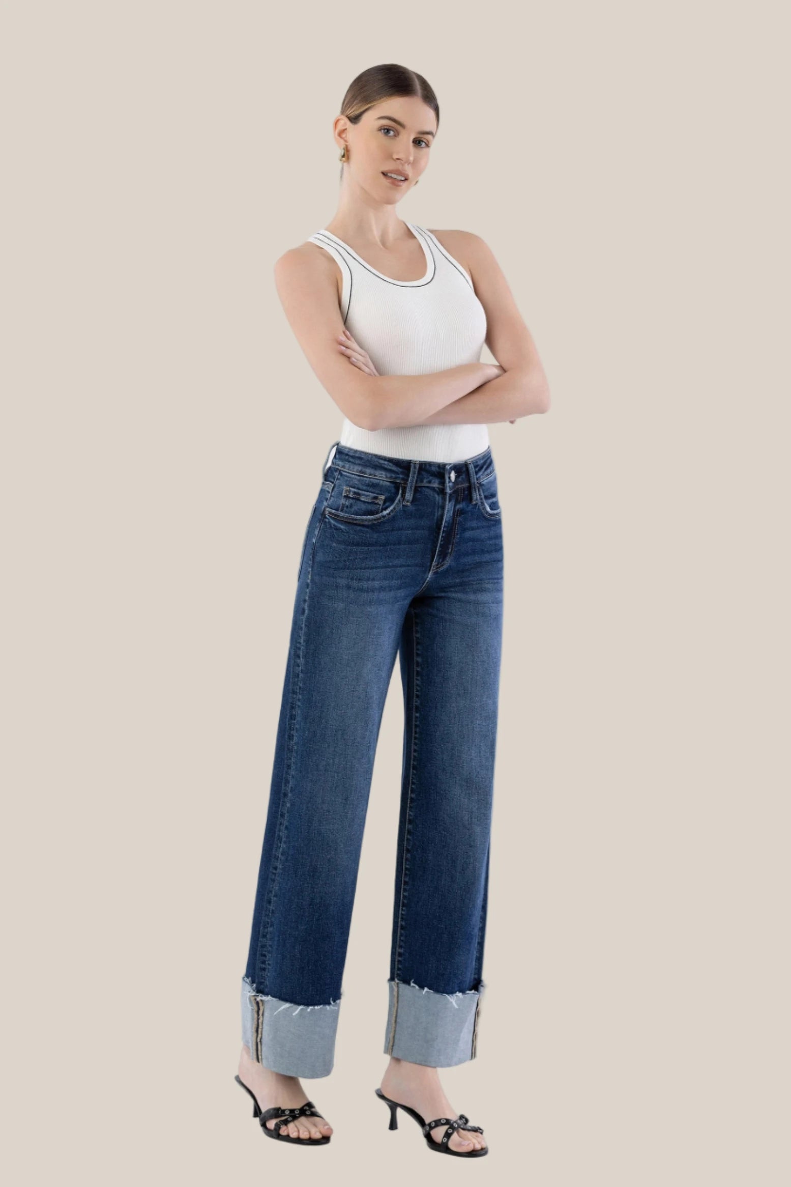 Heather High Rise Cuffed Wide Leg Jeans