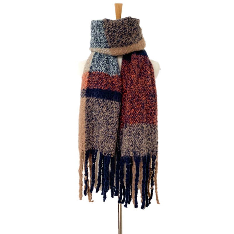 Soft Chunky Plaid Fleece Oblong Tassel Scarf