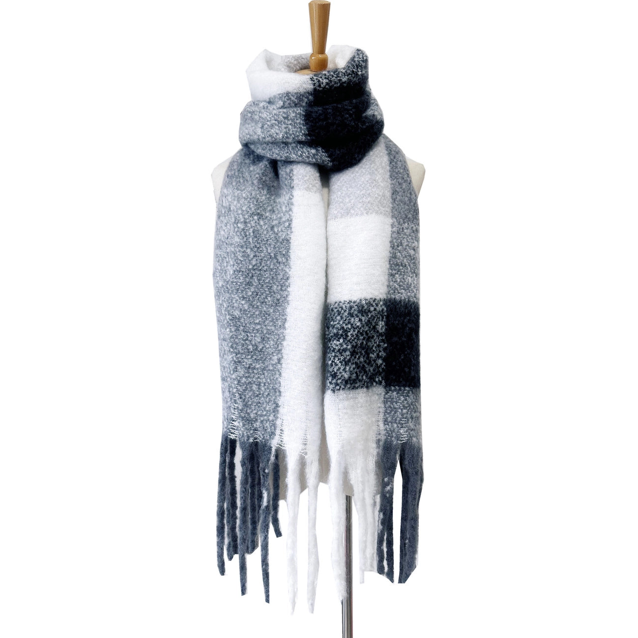 Soft Chunky Plaid Fleece Oblong Tassel Scarf