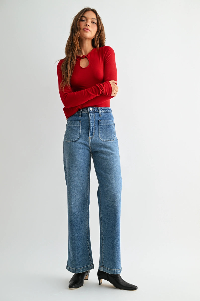 June Patch Pocket Wide Leg Jean in Medium Denim