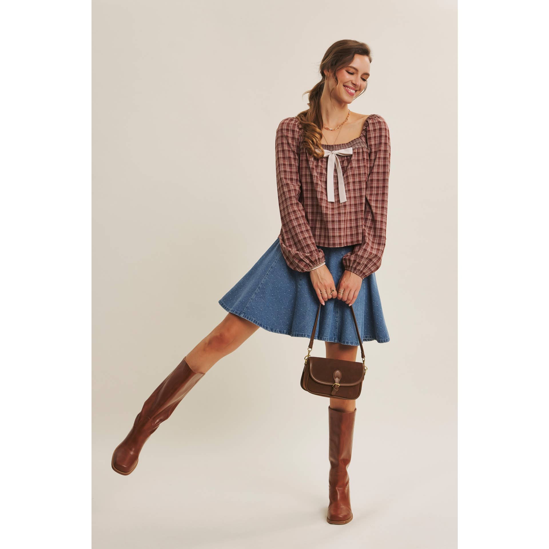 Willa Polka Dot Denim Flare Mini Skirt