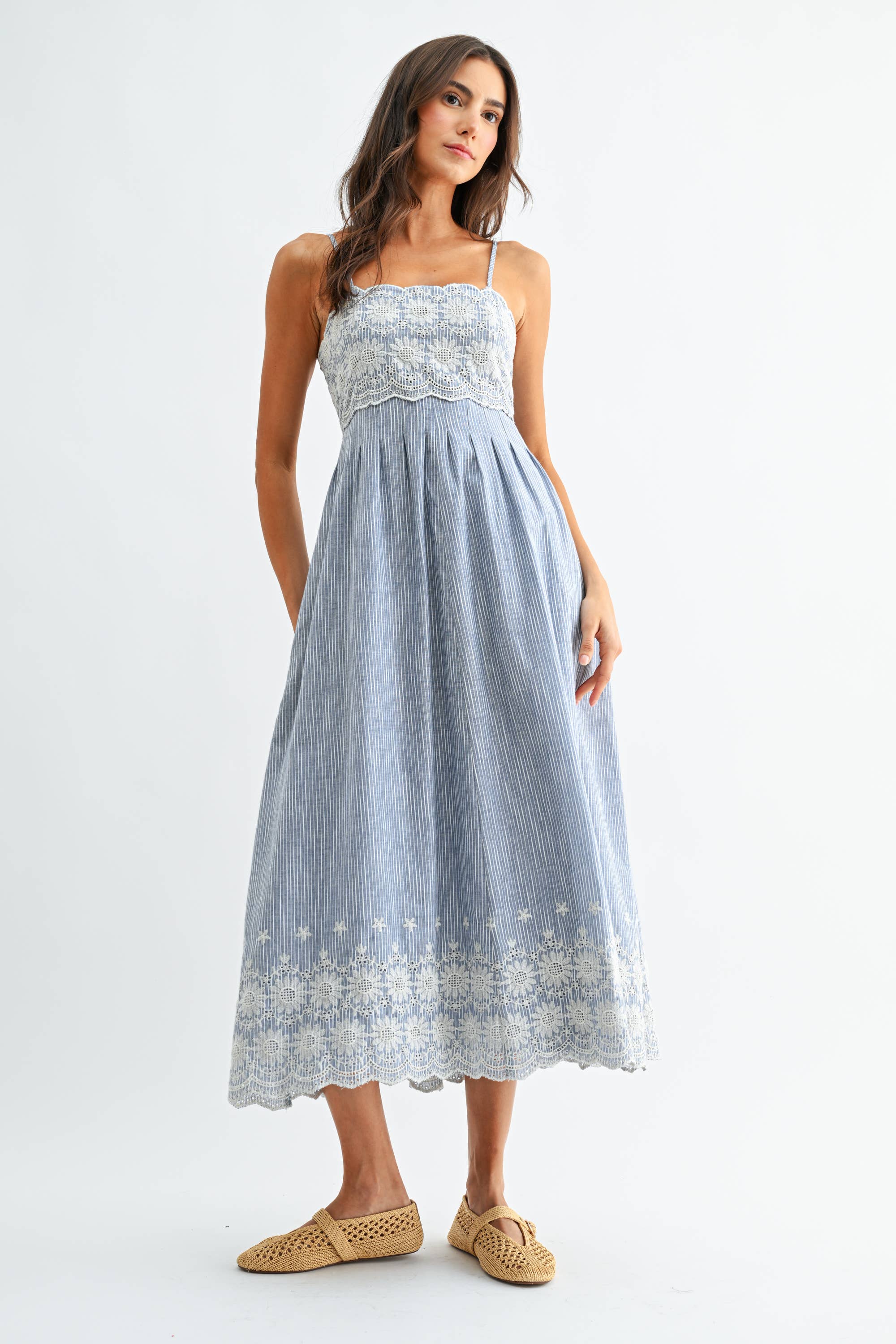 Sandra Pinstripe Embroidered Midi Dress