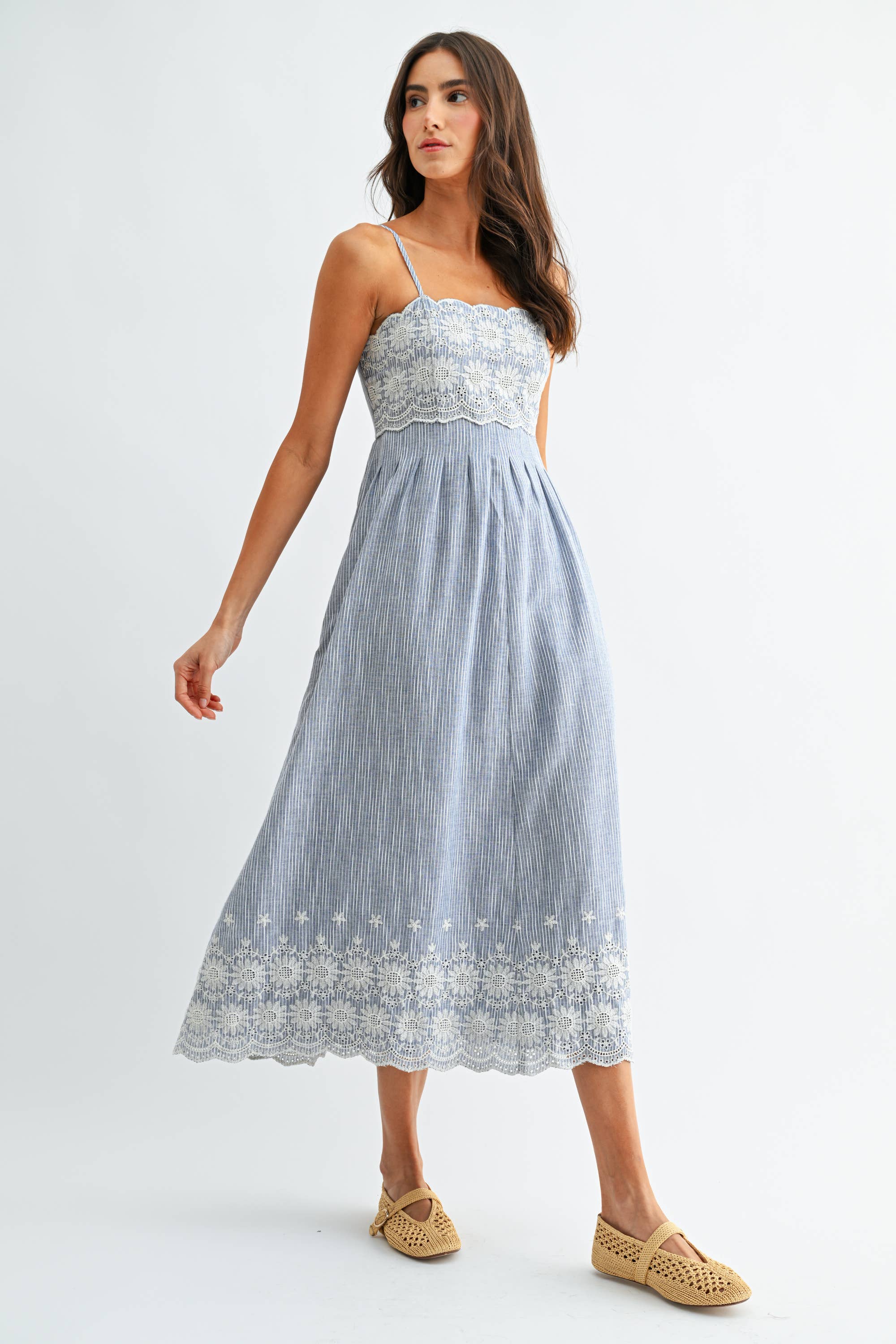Sandra Pinstripe Embroidered Midi Dress