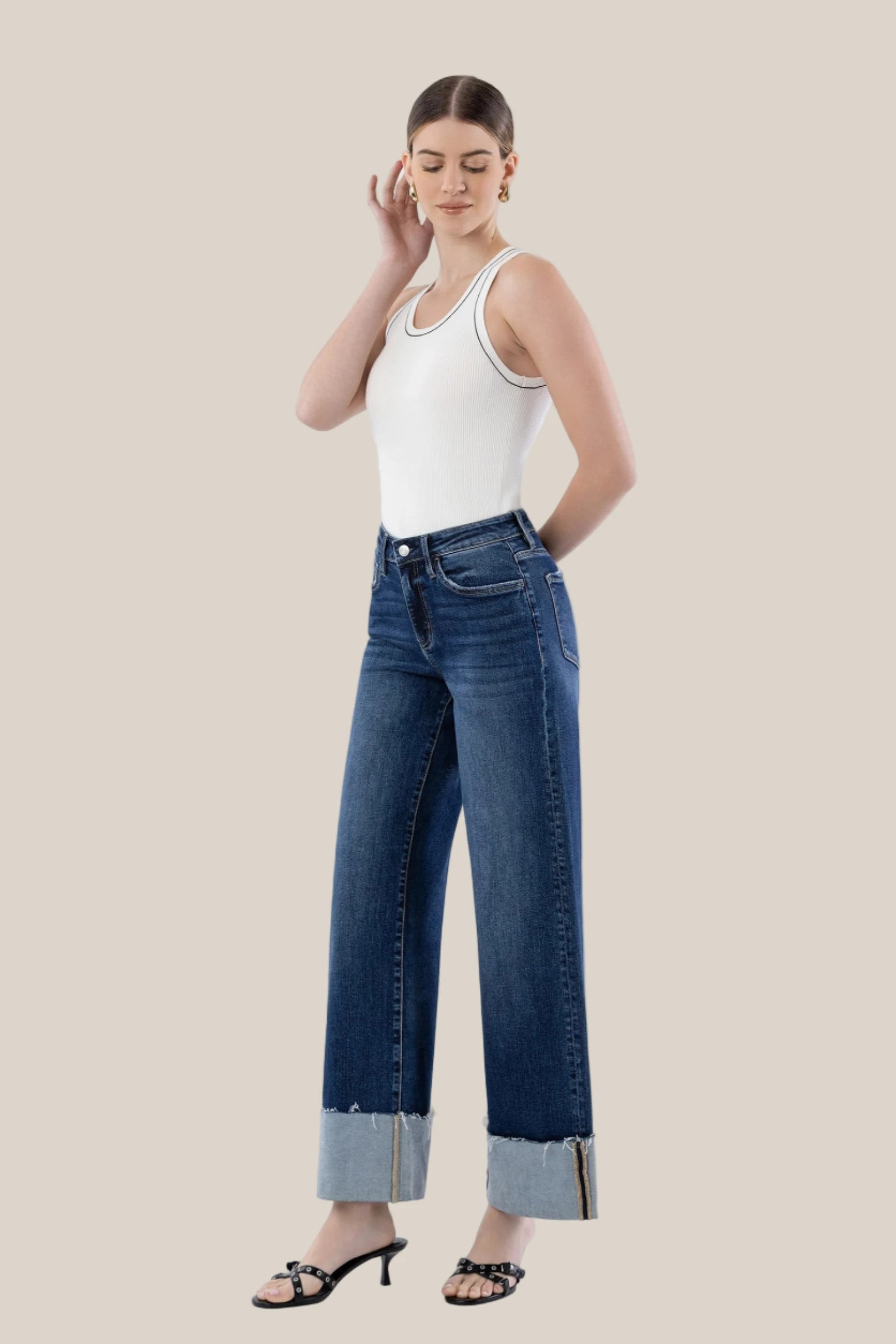 Heather High Rise Cuffed Wide Leg Jeans