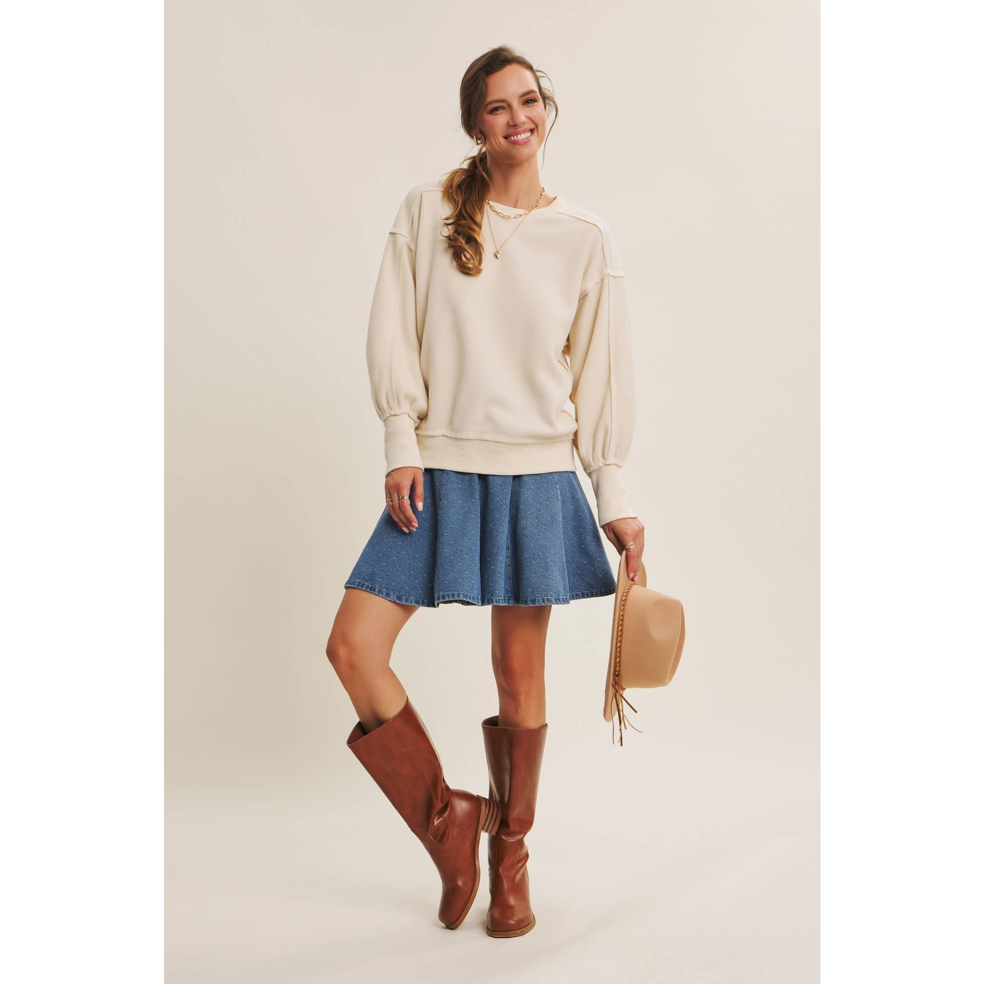 Willa Polka Dot Denim Flare Mini Skirt