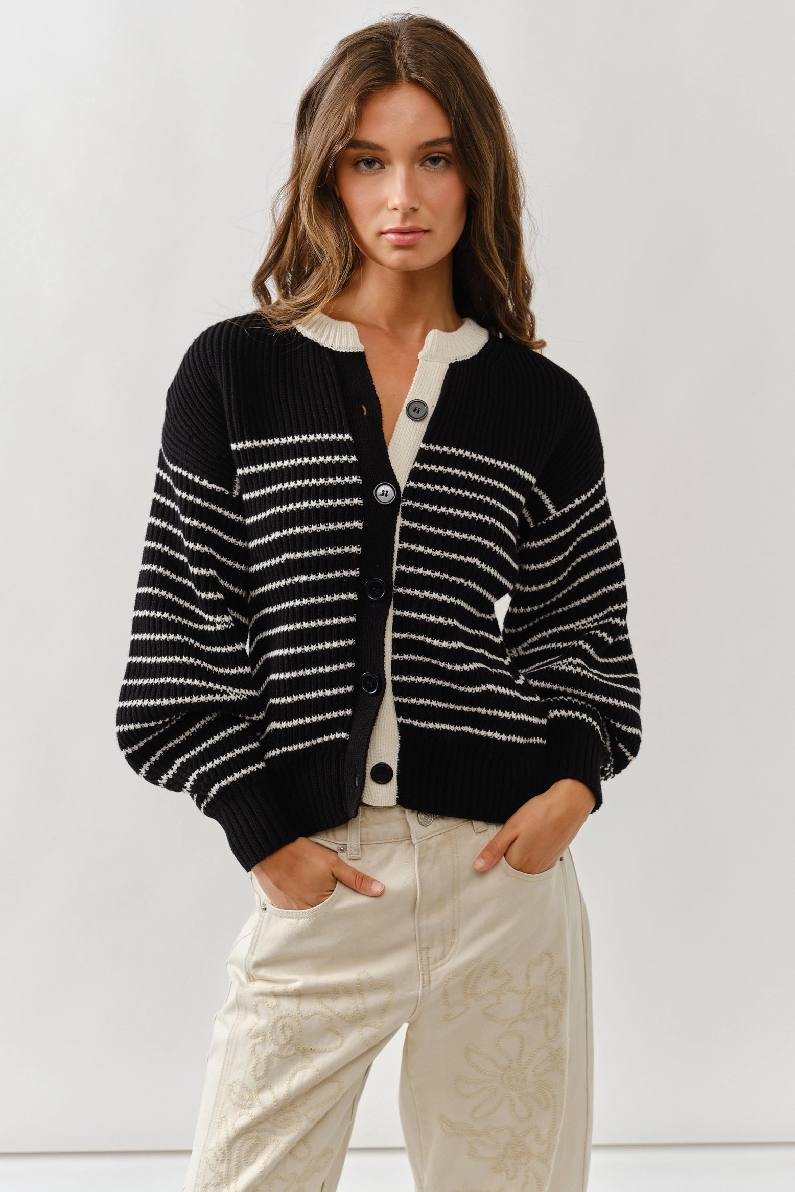 Gabrielle Balloon Sleeve Striped Cardigan