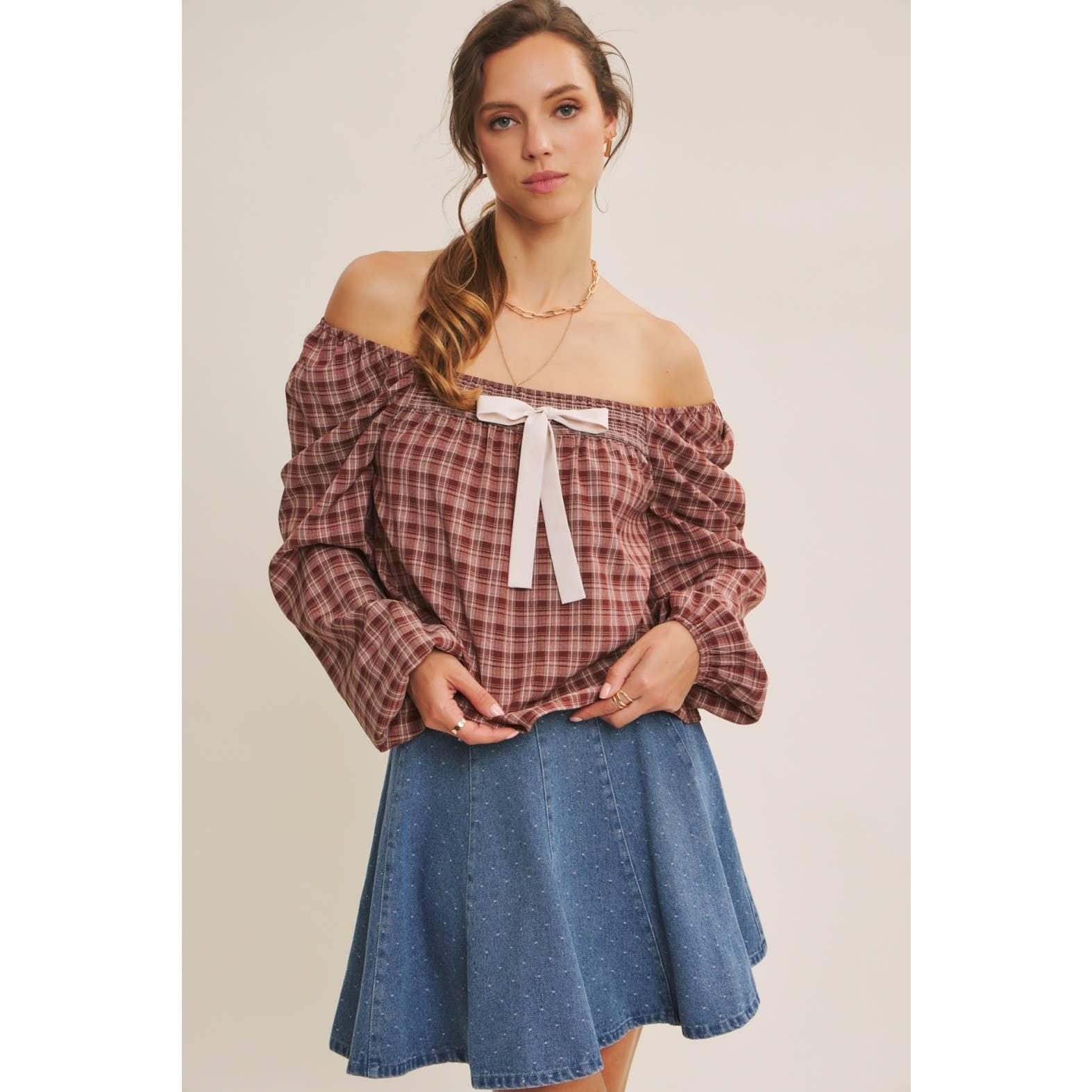 Willa Polka Dot Denim Flare Mini Skirt