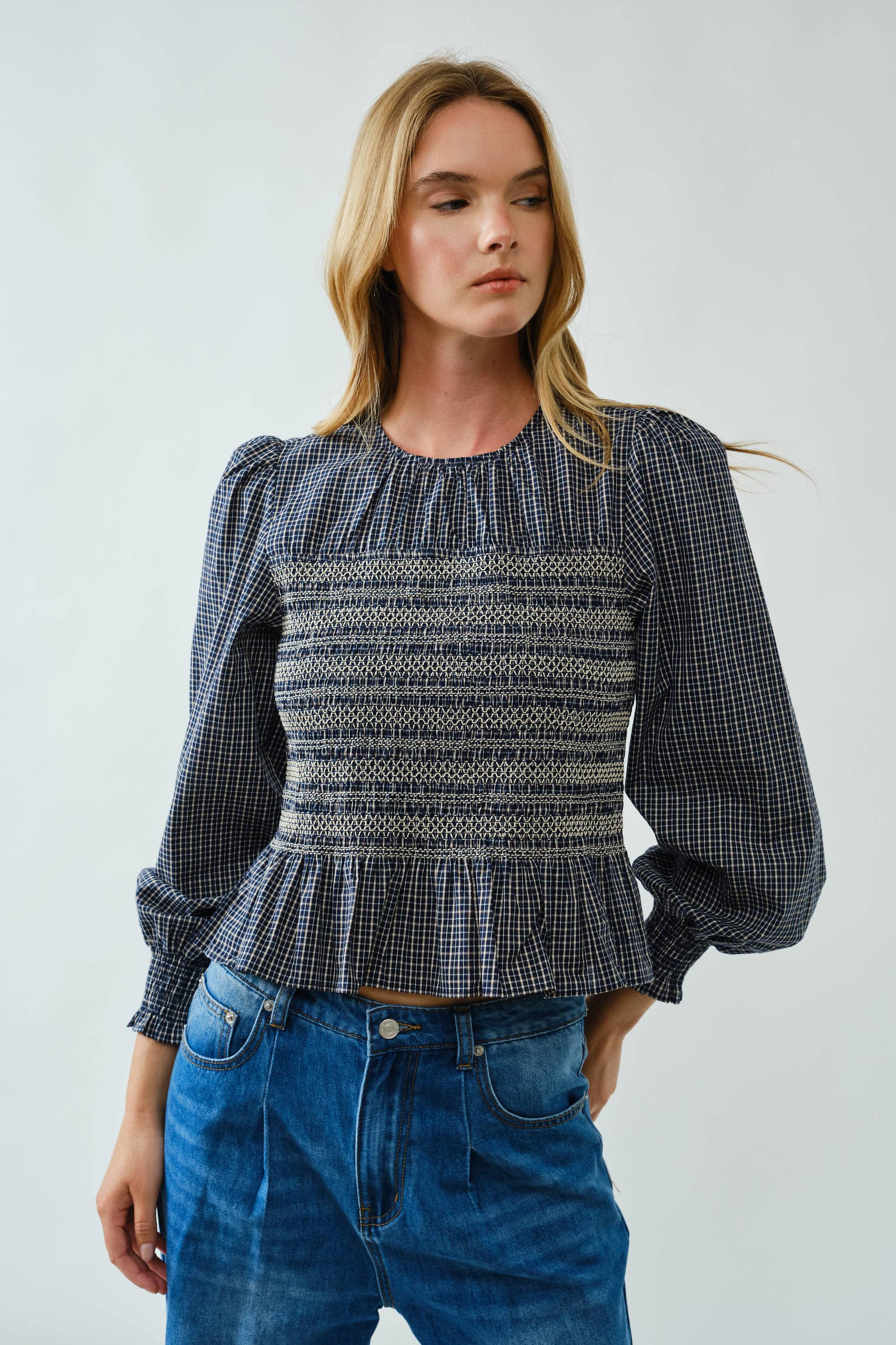Casey Smocked Plaid Blouse