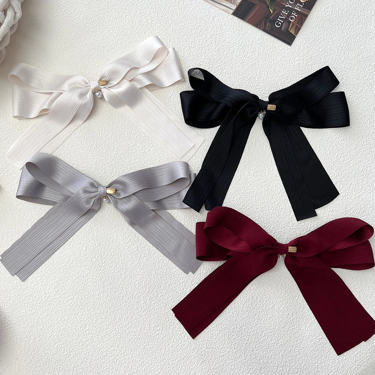 Plisse Bow with Pearl French Barrette Clip