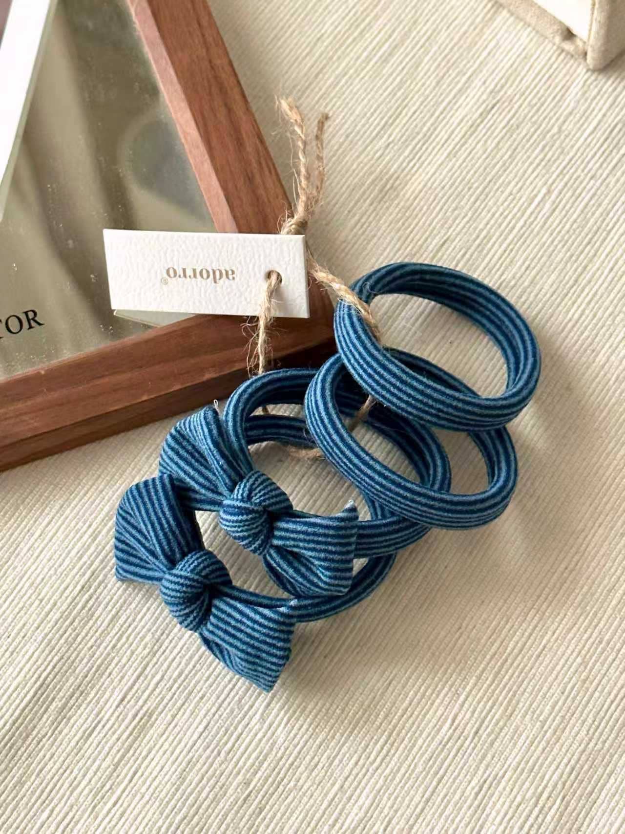 Blue Striped Bow Seamless Hair Ties (Set of 4)