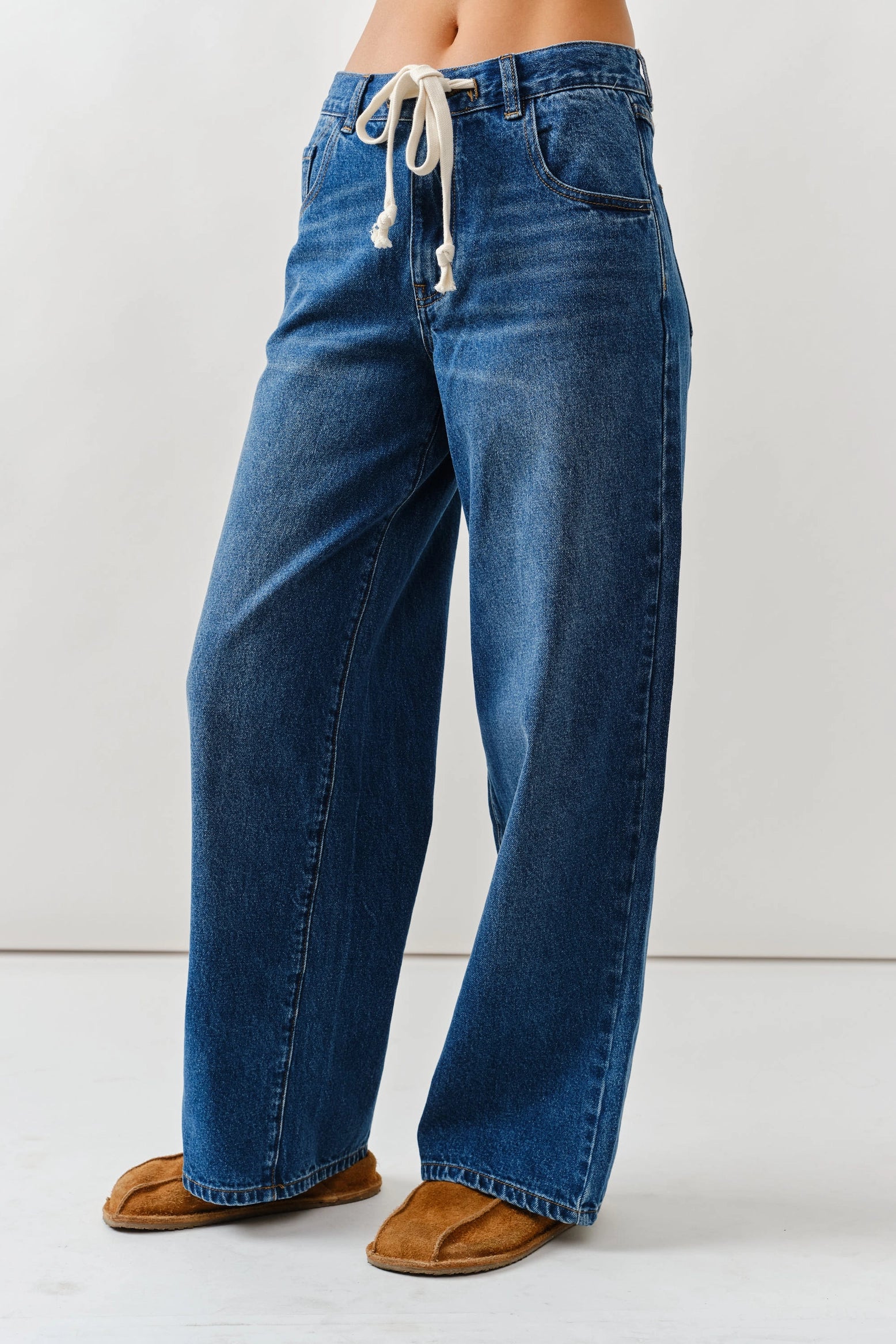 Cheyenne Drawstring Straight Leg Jeans in Medium Denim
