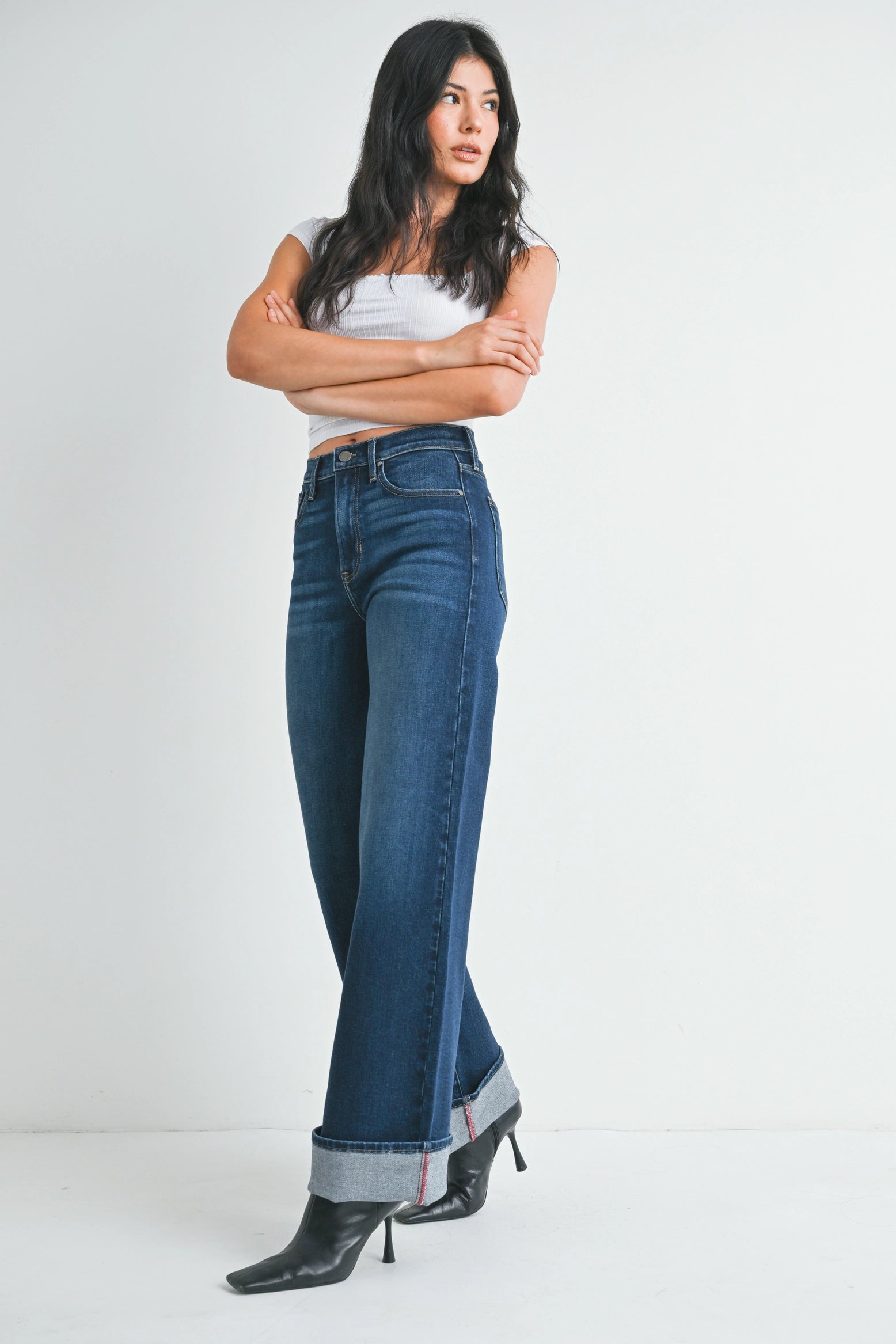 Melissa Cuffed Palazzo Wide Leg Jean in Dark Denim