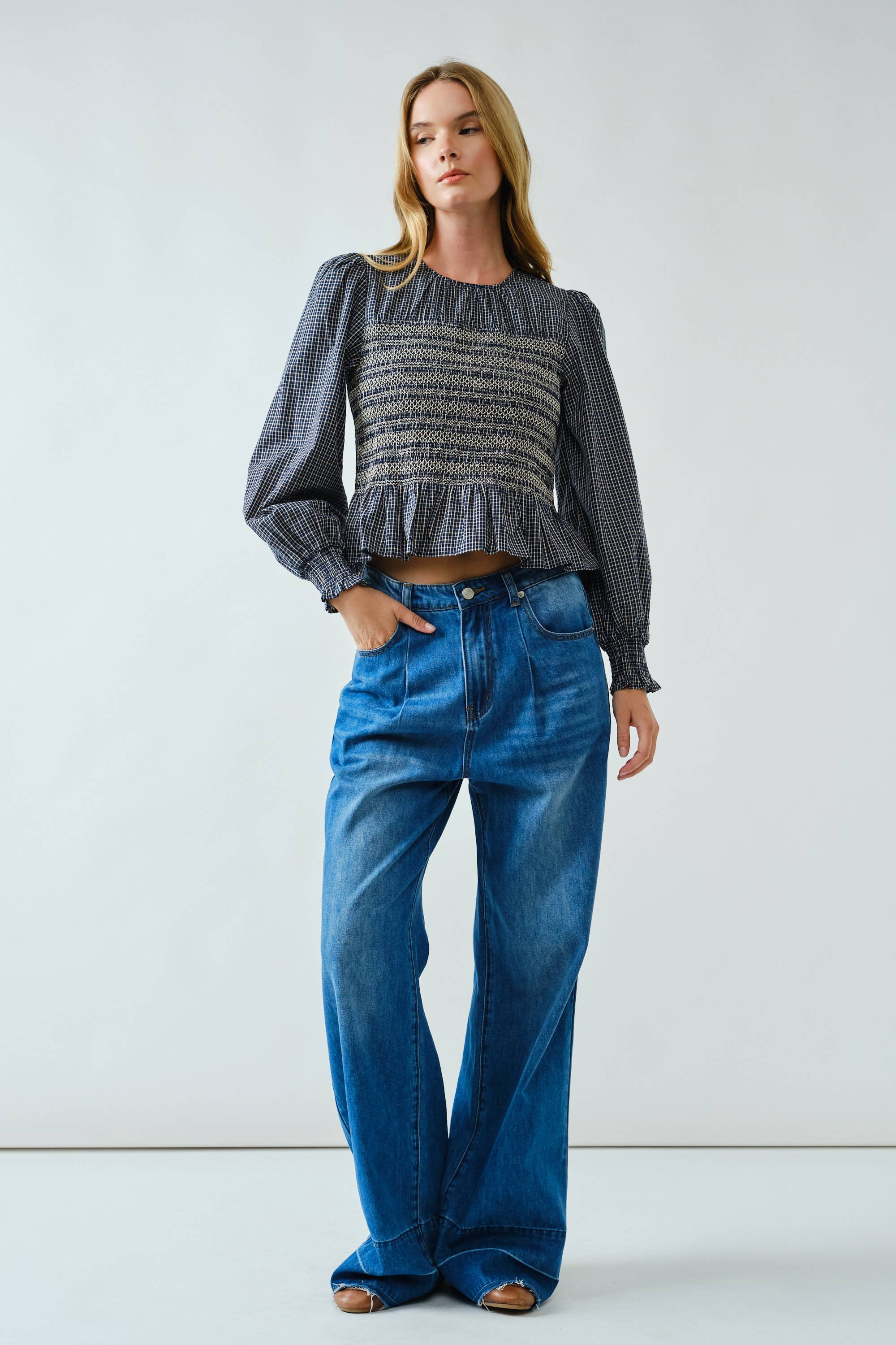 Casey Smocked Plaid Blouse