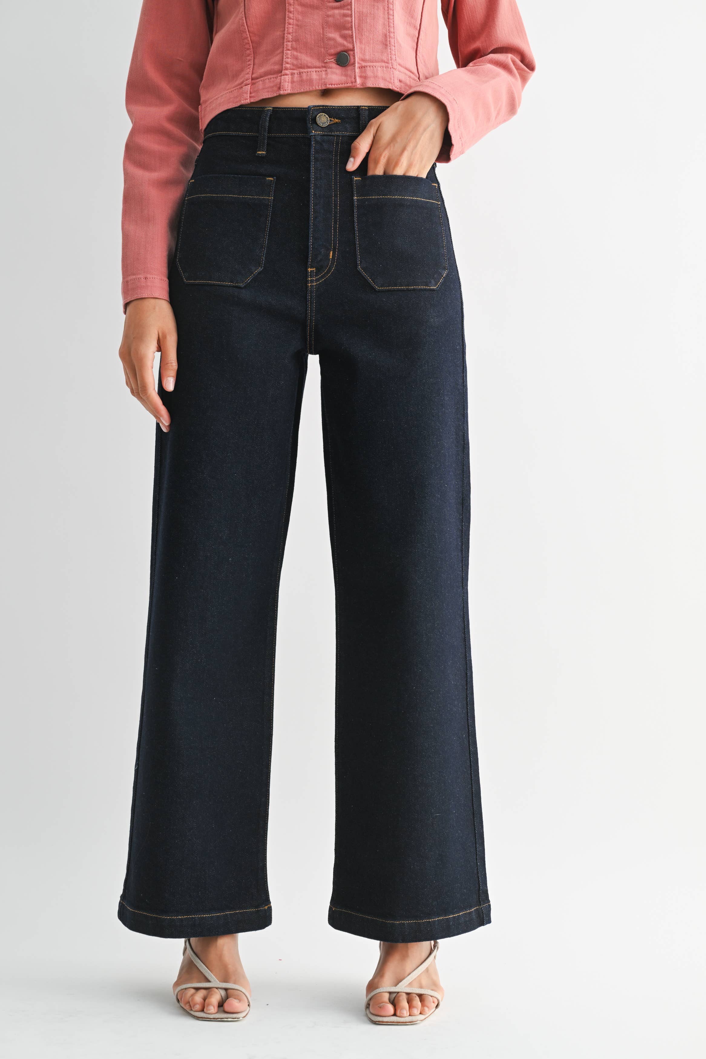 June Patch Pocket Wide Leg Jean in Super Dark Denim