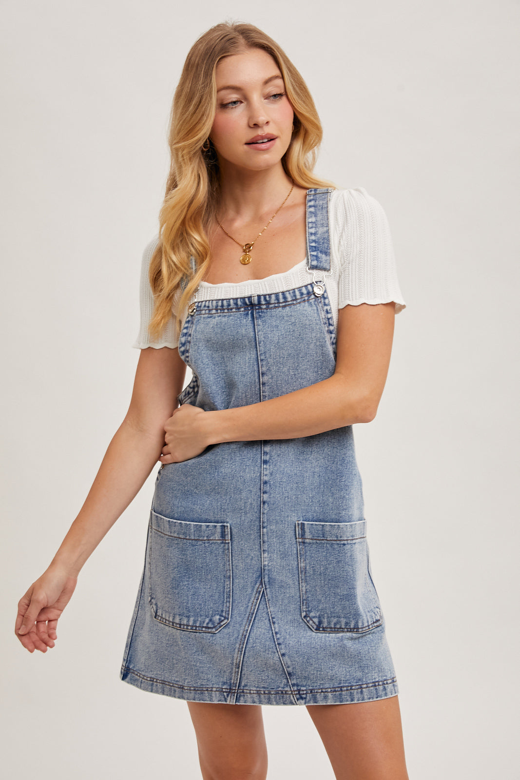 DENIM OVERALL MINI DRESS WITH POCKETS - LT.WASH