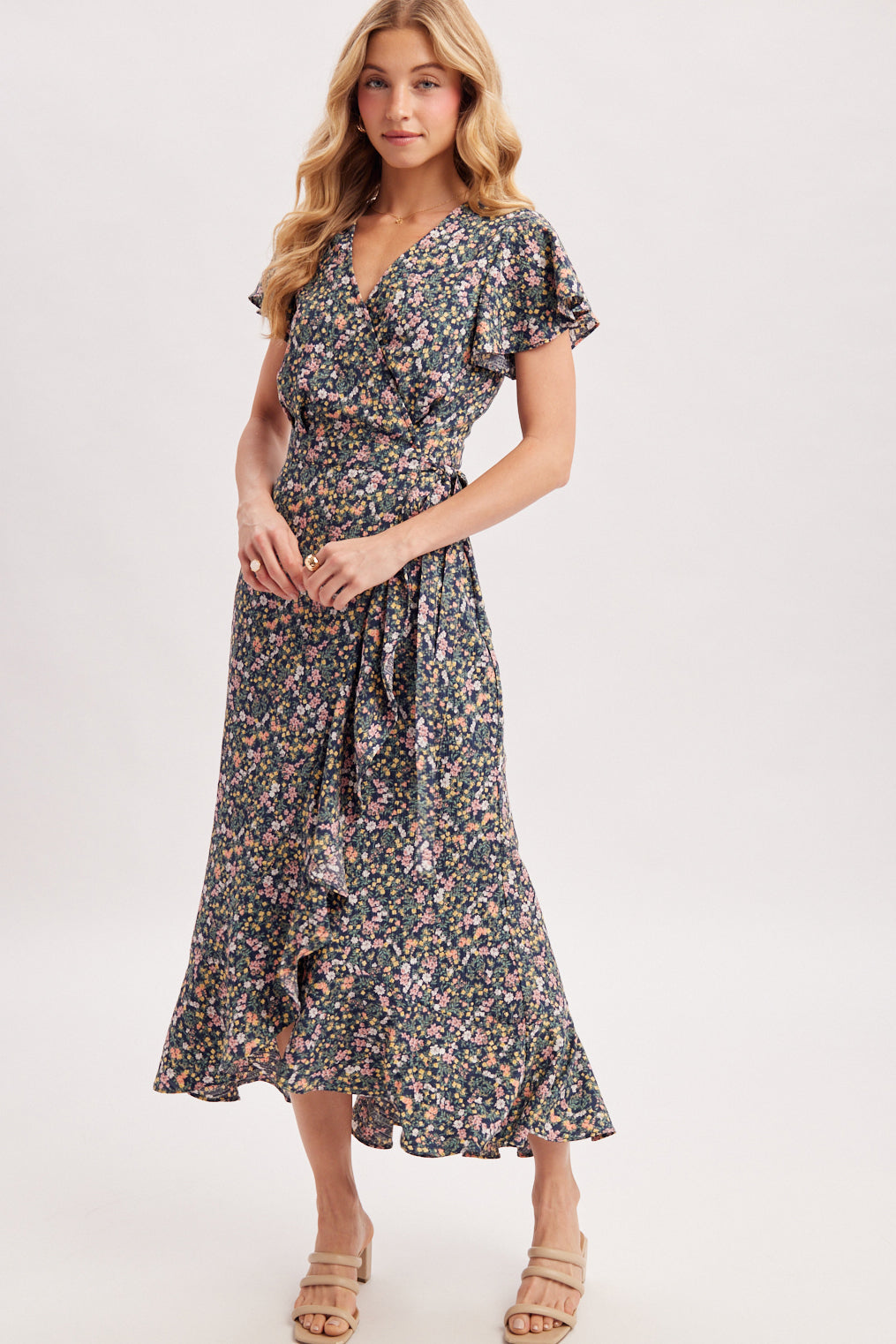 FLORAL PRINT RUFFLE WRAP DRESS - NAVY