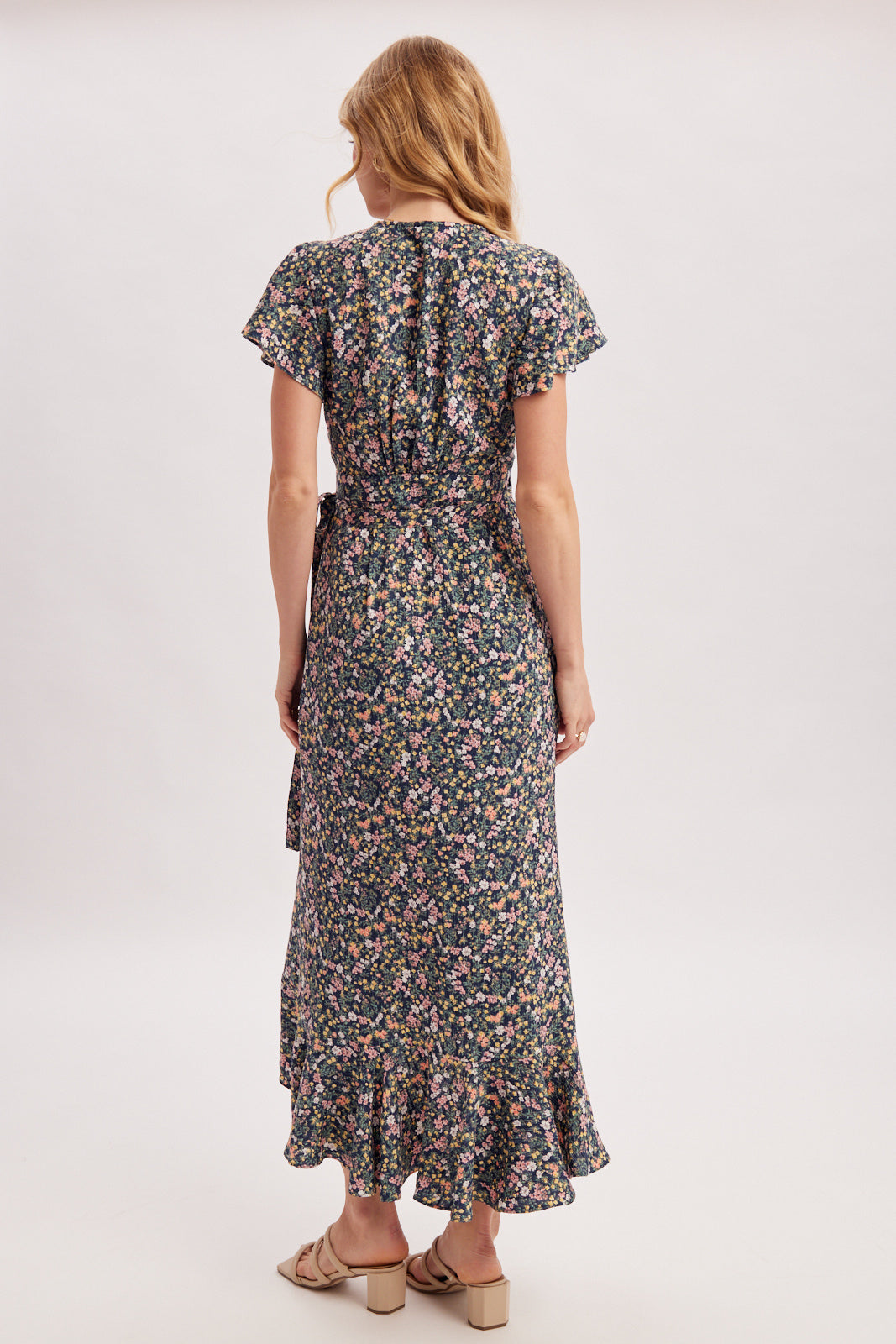 FLORAL PRINT RUFFLE WRAP DRESS - NAVY