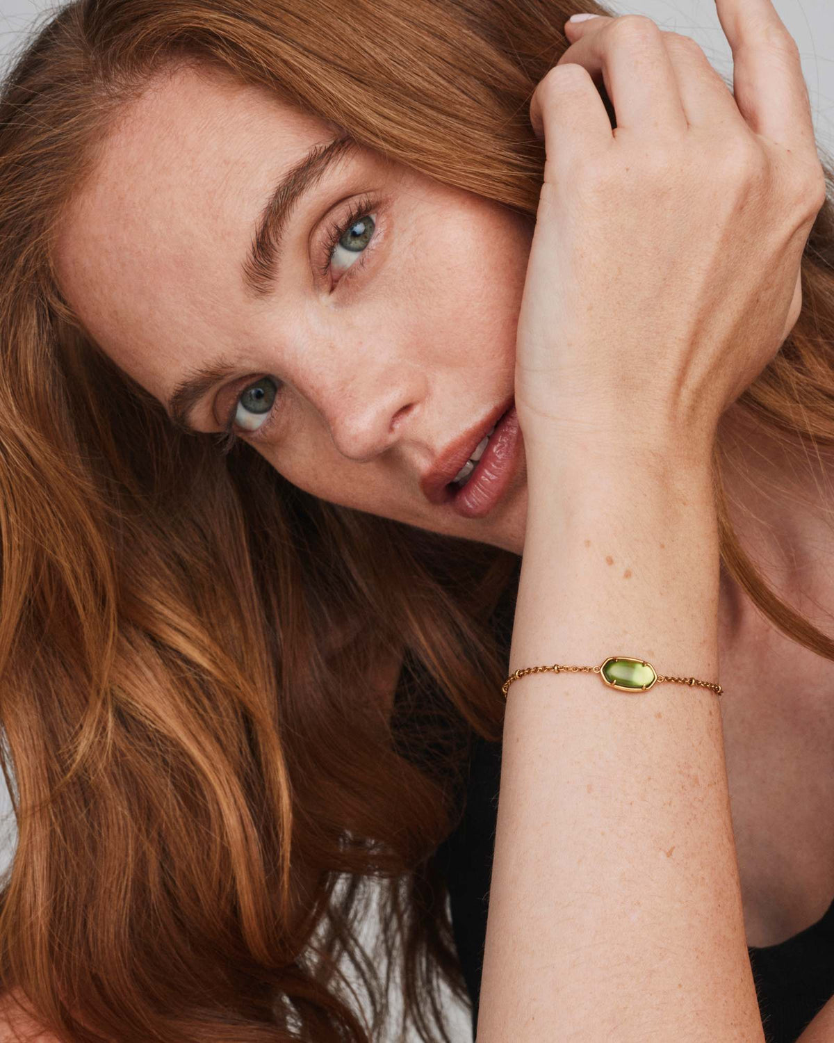 Tiger Striped Elaina Vintage Gold Delicate Chain Bracelet - Chartreuse Green Mother of Pearl