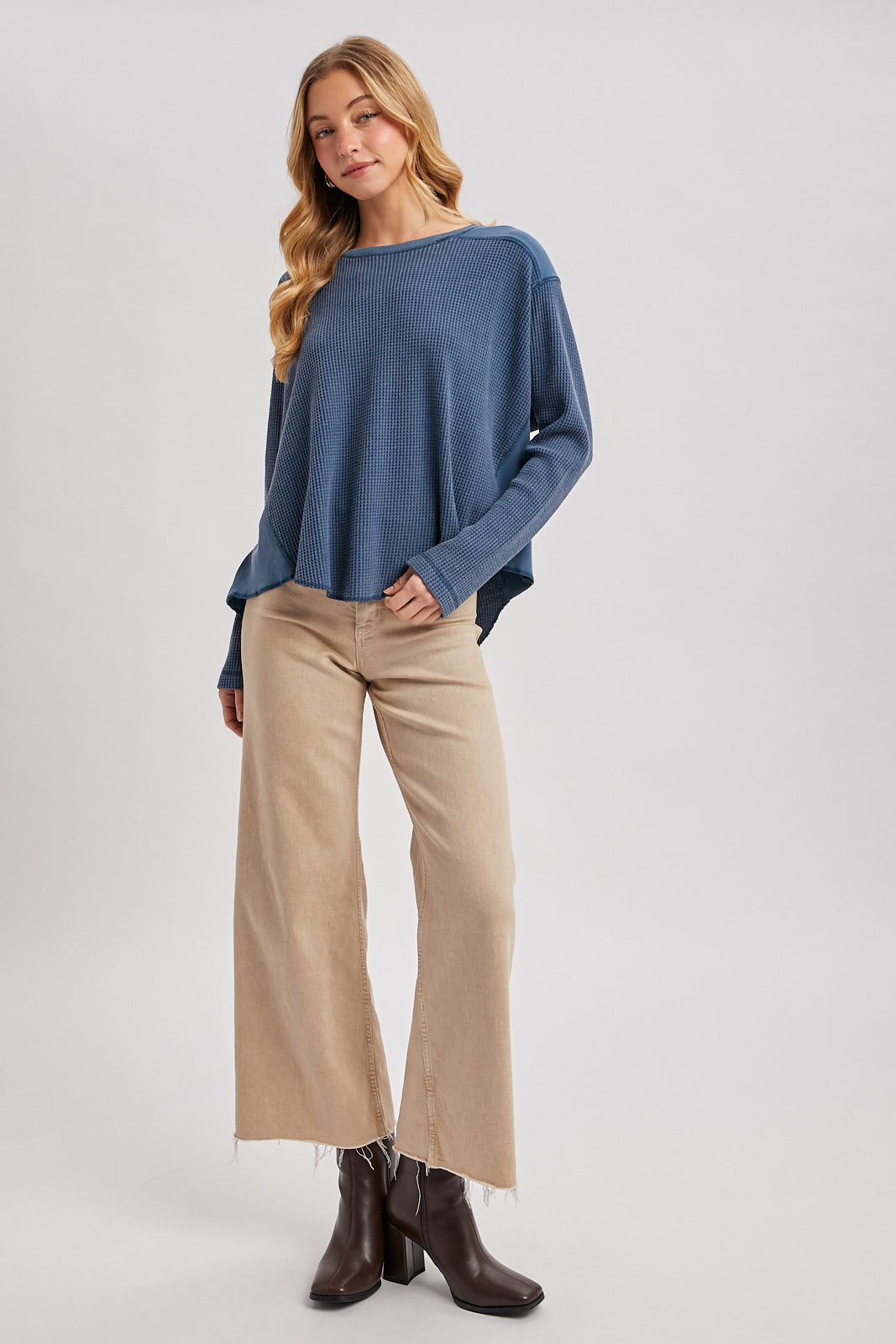 OVERSIZED WAFFLE KNIT THERMAL TOP - DENIM