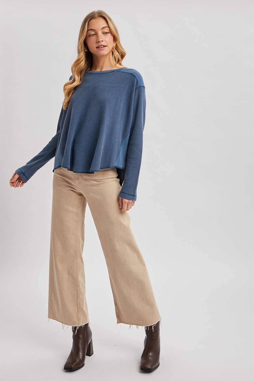 OVERSIZED WAFFLE KNIT THERMAL TOP - DENIM