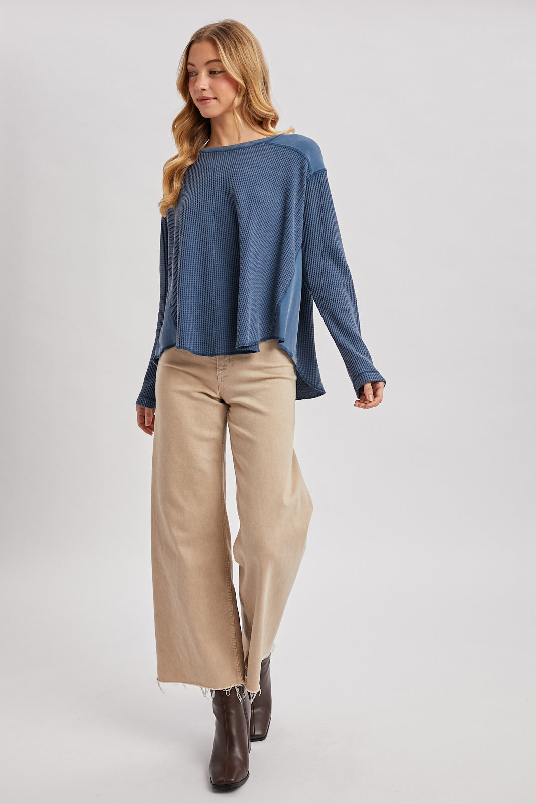 OVERSIZED WAFFLE KNIT THERMAL TOP - DENIM