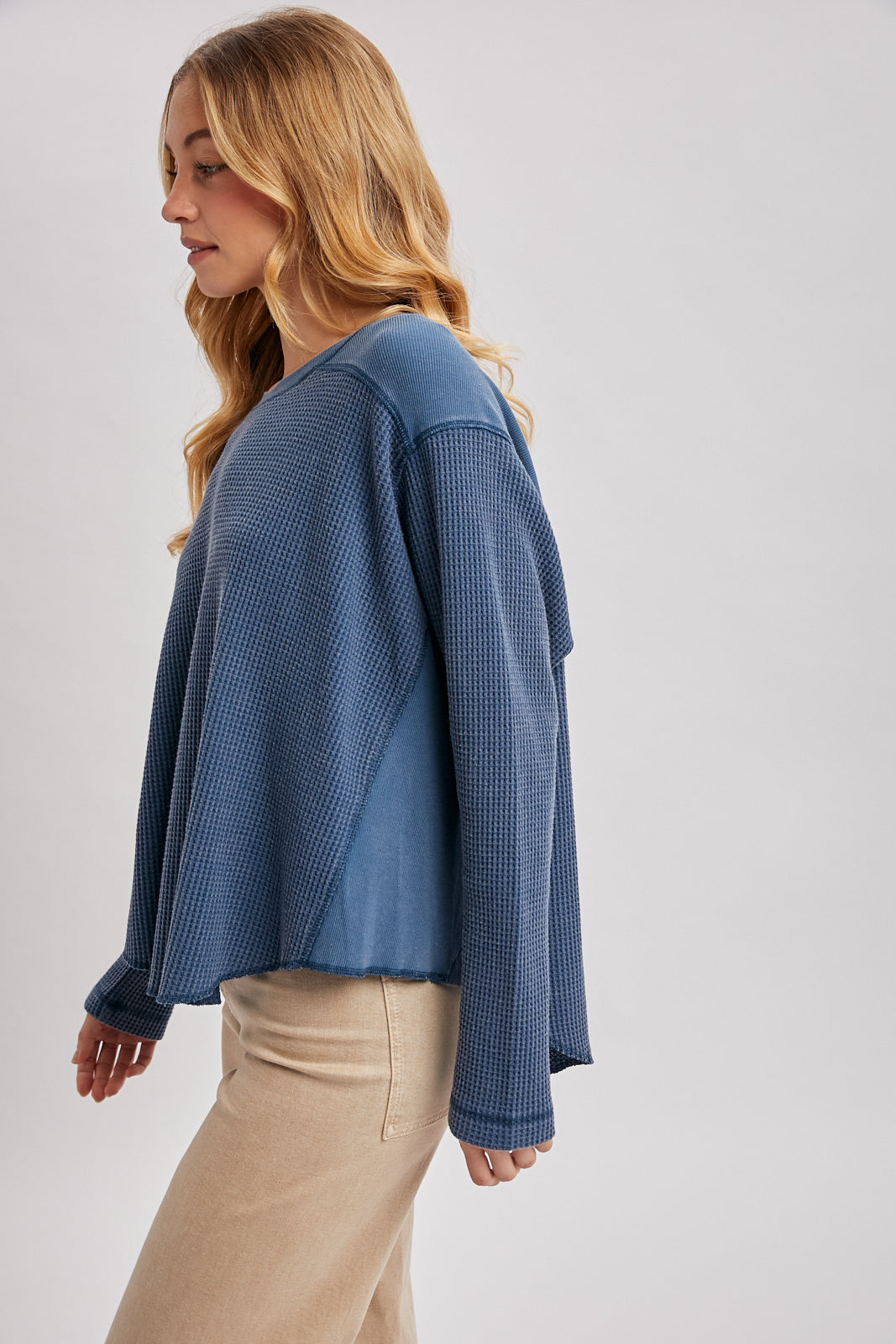OVERSIZED WAFFLE KNIT THERMAL TOP - DENIM