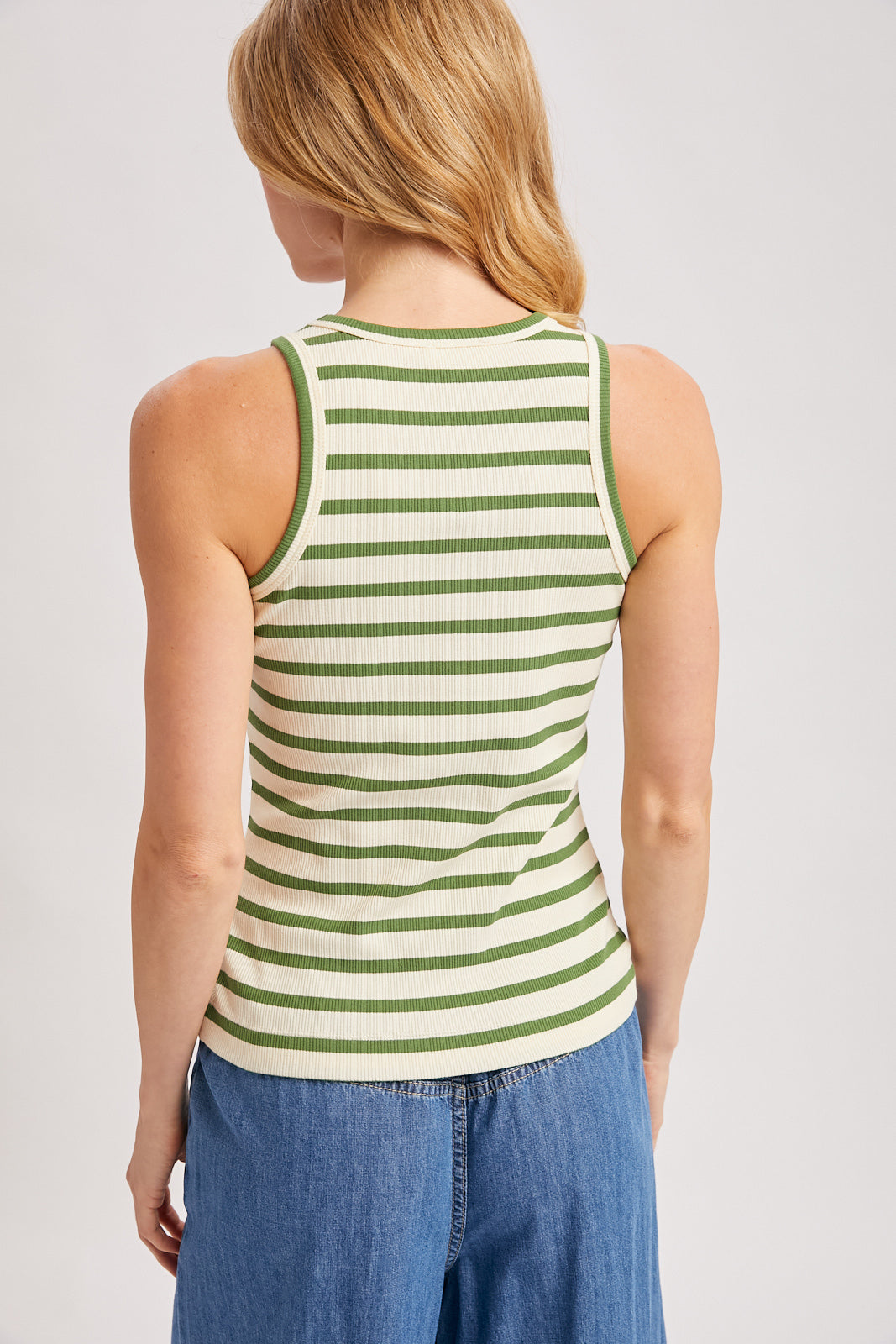 STRIPE RIBBED BOUND CREW NECK TANK TOP - GREEN