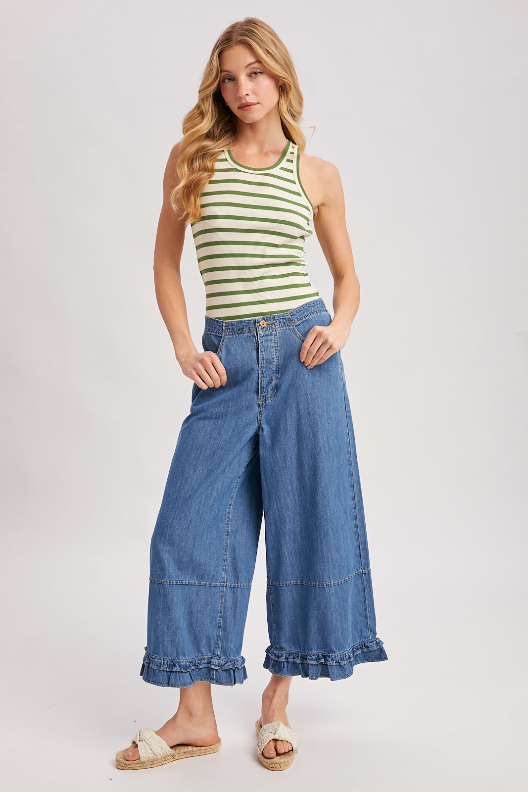 STRIPE RIBBED BOUND CREW NECK TANK TOP - GREEN