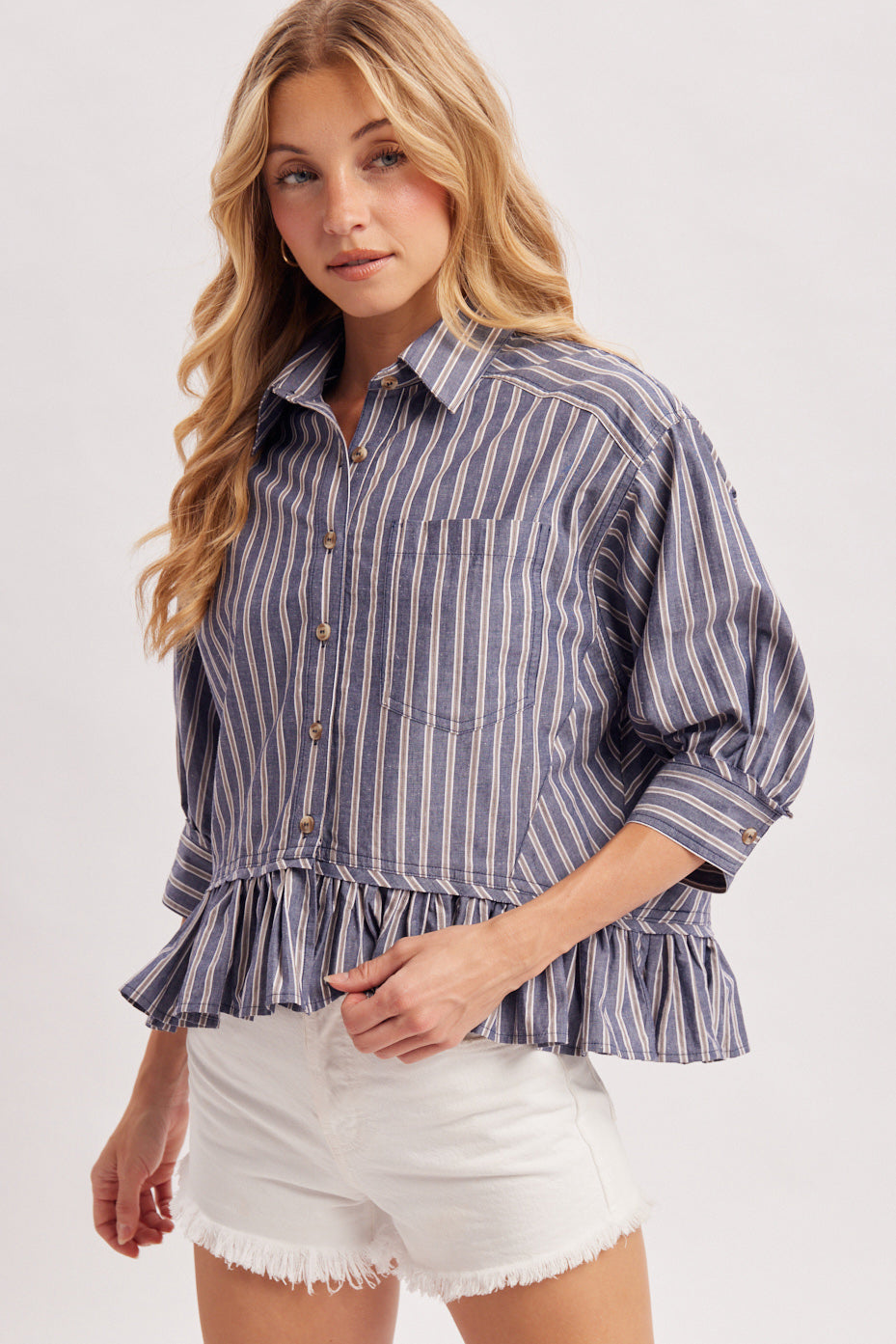 STRIPED BUTTON DOWN RUFFLED HEM SHIRT - NAVY COMBO