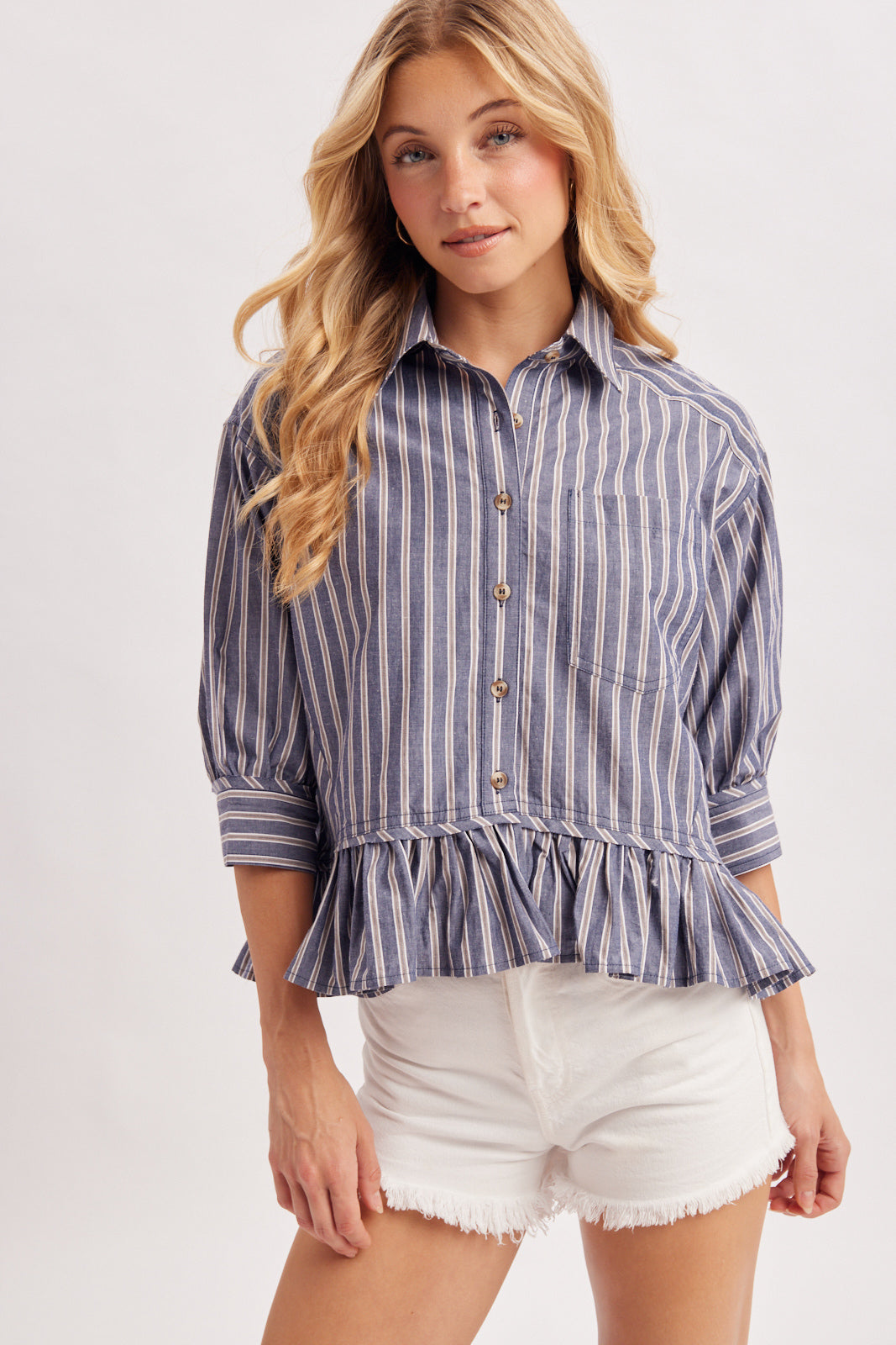 STRIPED BUTTON DOWN RUFFLED HEM SHIRT - NAVY COMBO