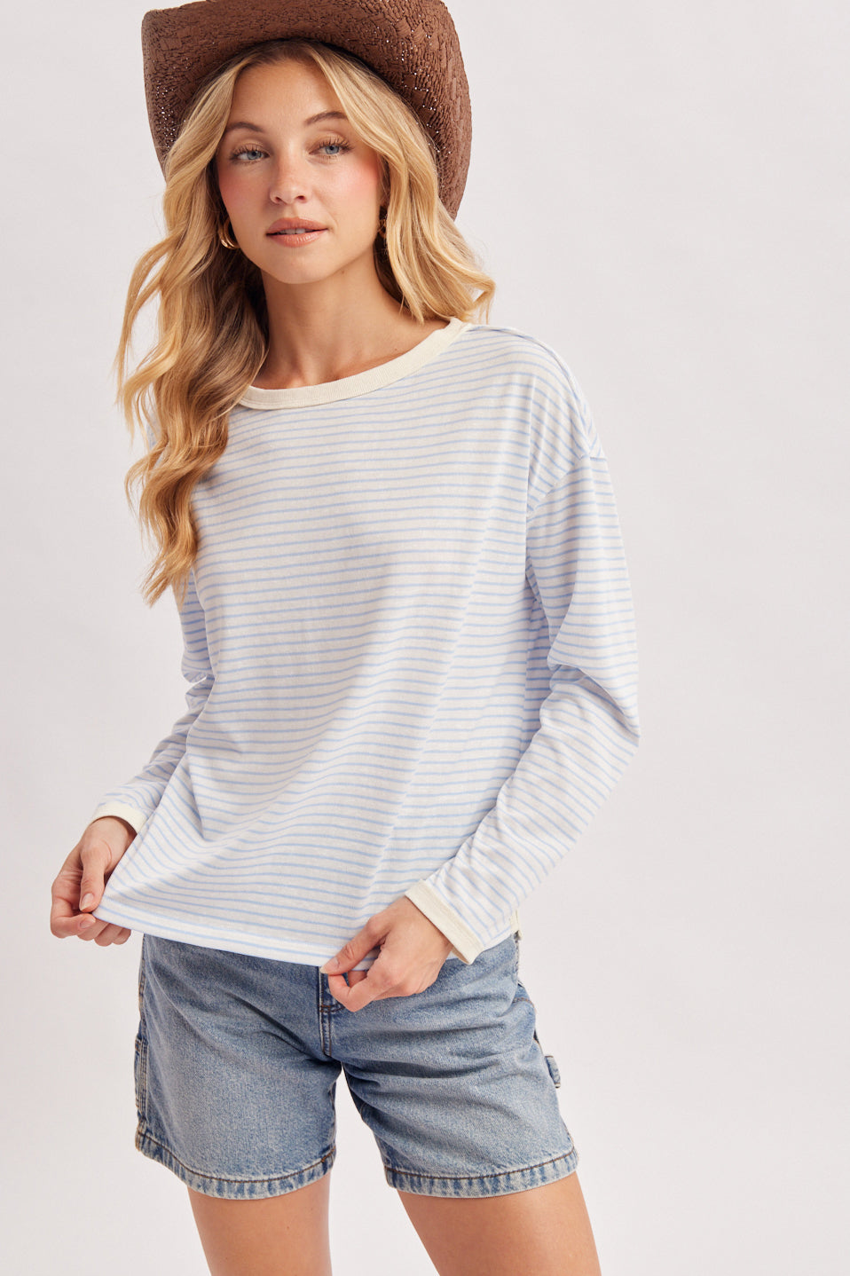 OVERSIZED BOXY STRIPED KNIT LONG SLEEVE TOP - BLUE COMBO