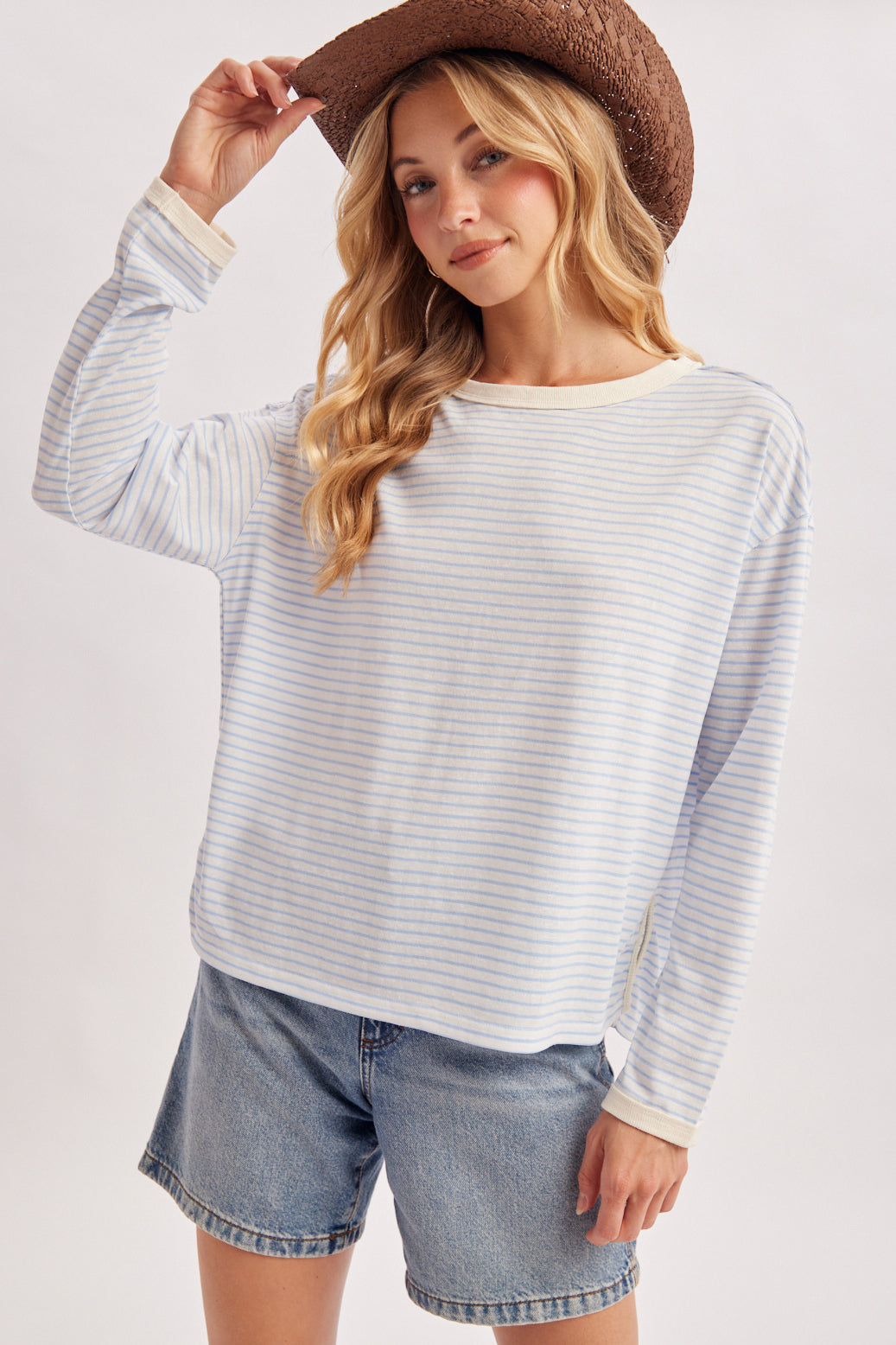 OVERSIZED BOXY STRIPED KNIT LONG SLEEVE TOP - BLUE COMBO