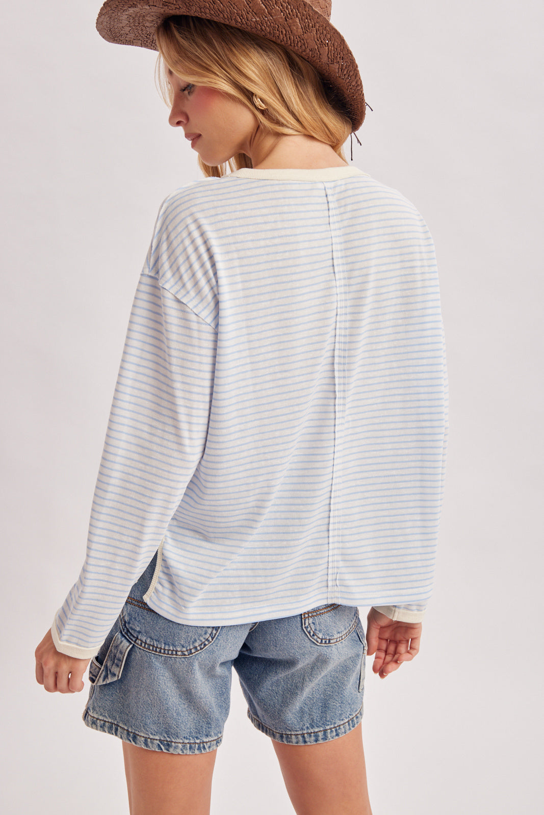 OVERSIZED BOXY STRIPED KNIT LONG SLEEVE TOP - BLUE COMBO