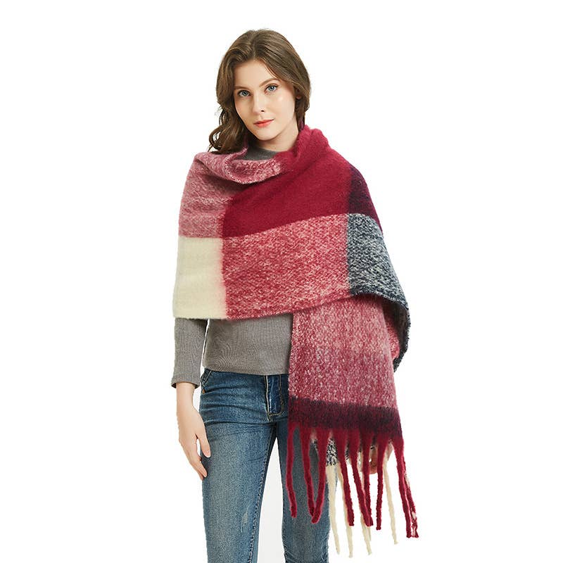 Soft Chunky Plaid Fleece Oblong Tassel Scarf