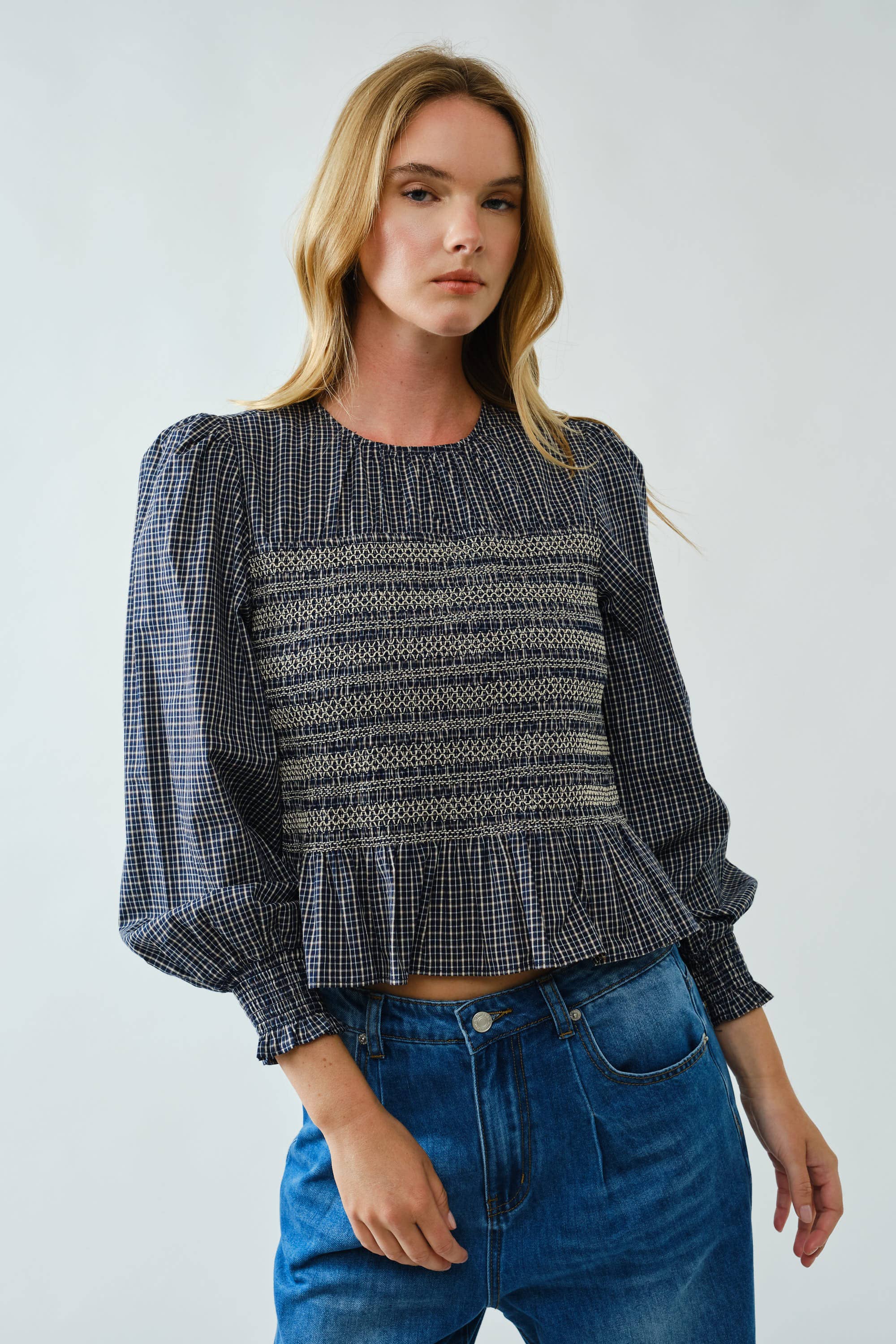 Casey Smocked Plaid Blouse