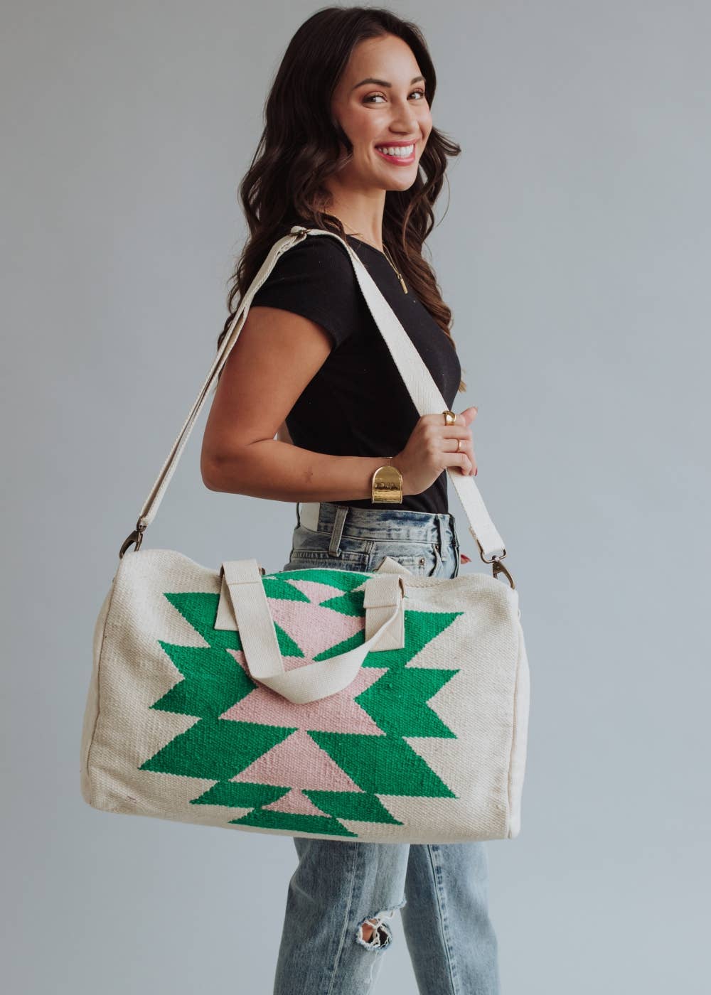 Beige, Green & Pink Aztec Duffel