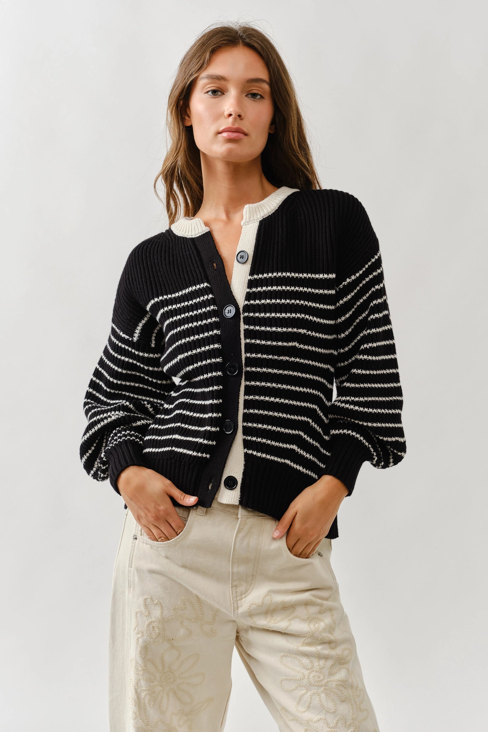 Gabrielle Balloon Sleeve Striped Cardigan
