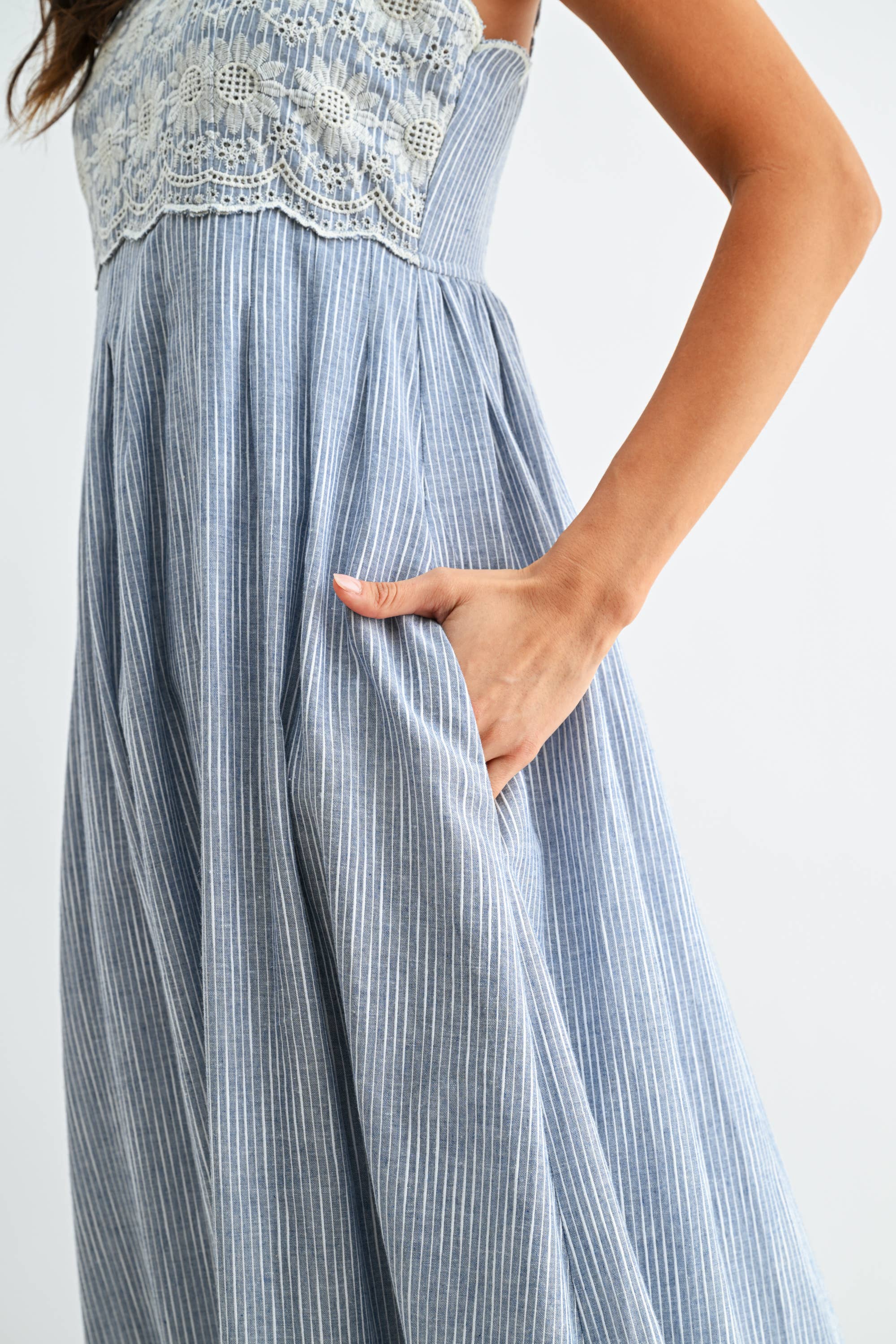 Sandra Pinstripe Embroidered Midi Dress