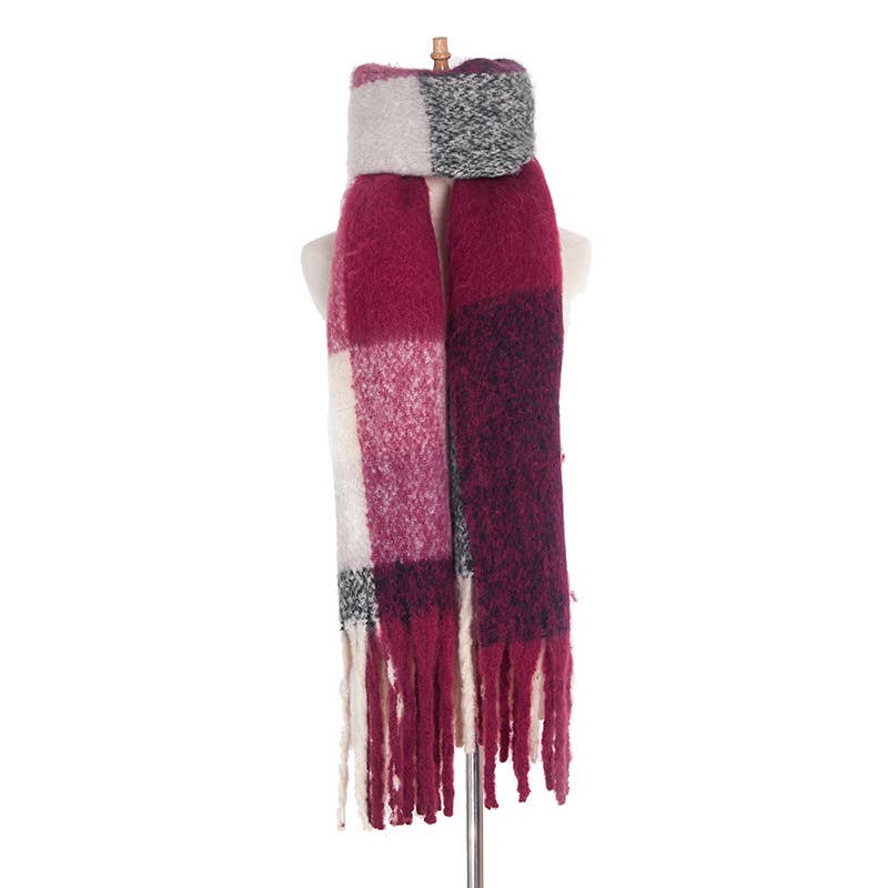 Soft Chunky Plaid Fleece Oblong Tassel Scarf
