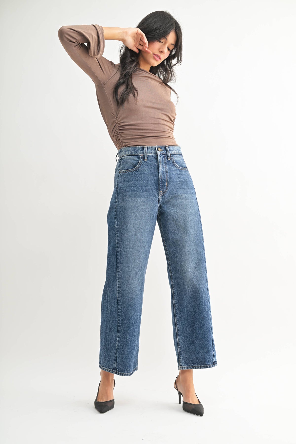 Calli High Rise Twist Seam Barrel Jean in Dark Denim