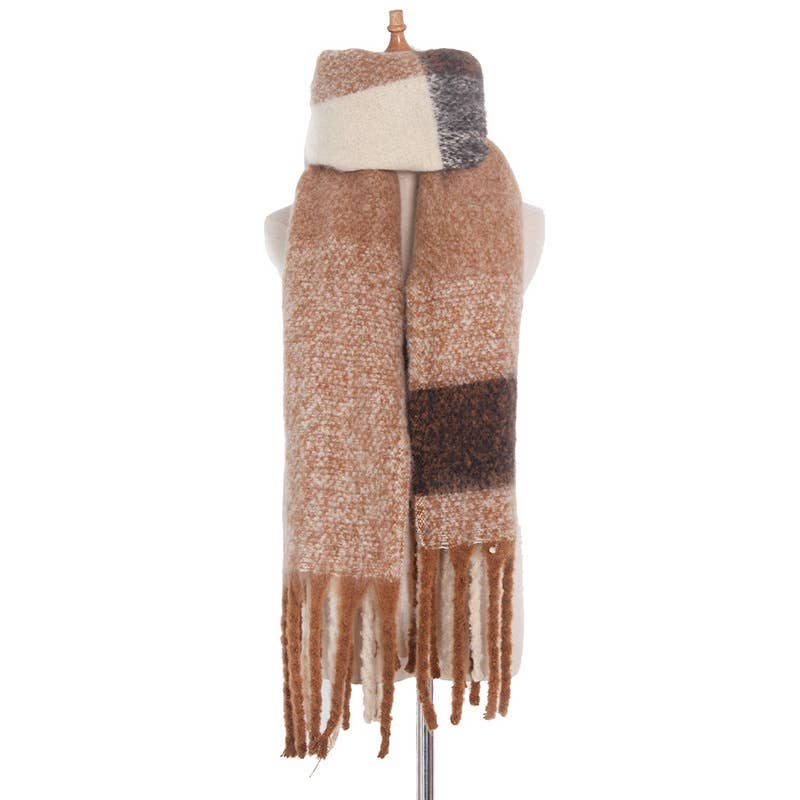 Soft Chunky Plaid Fleece Oblong Tassel Scarf