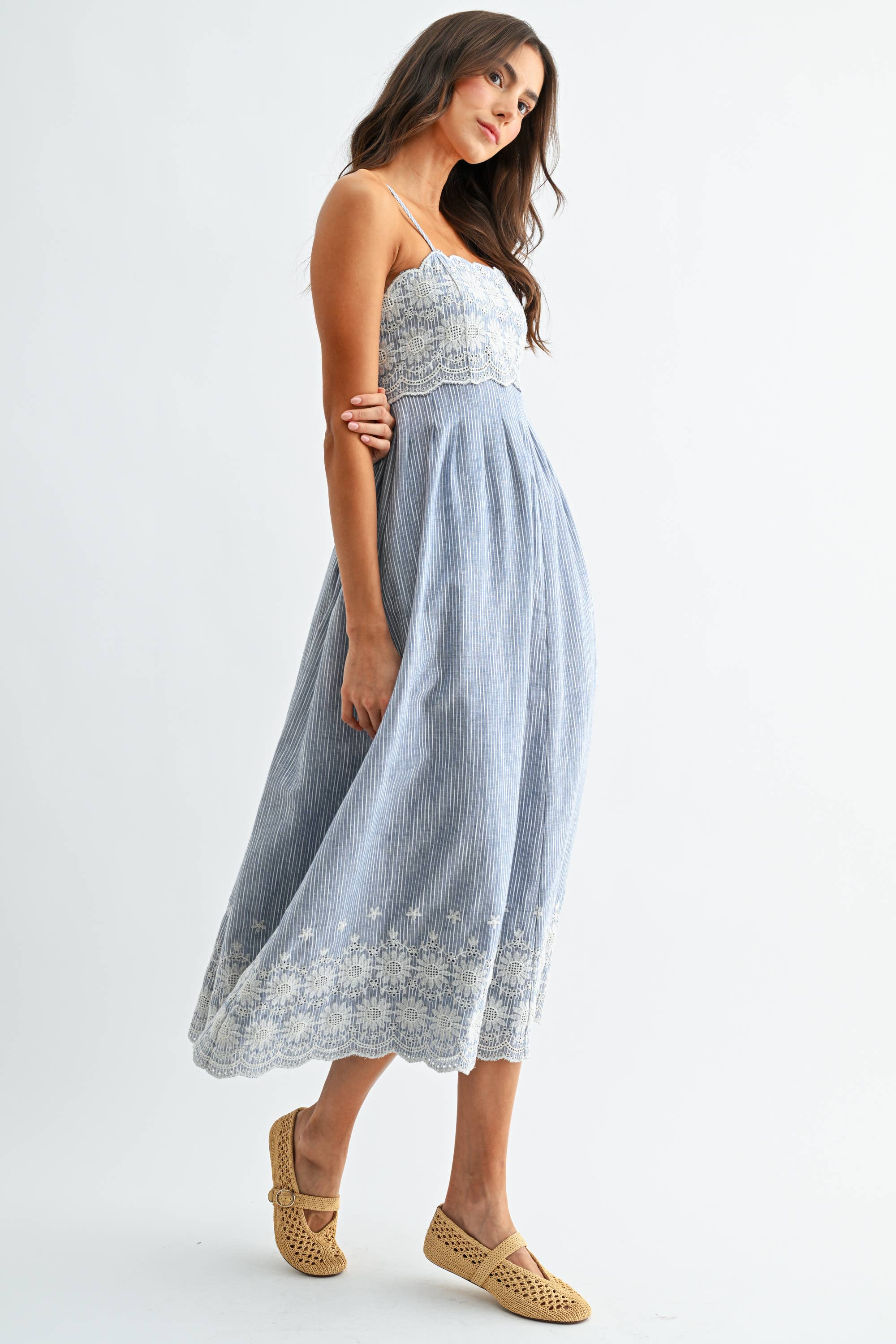 Sandra Pinstripe Embroidered Midi Dress