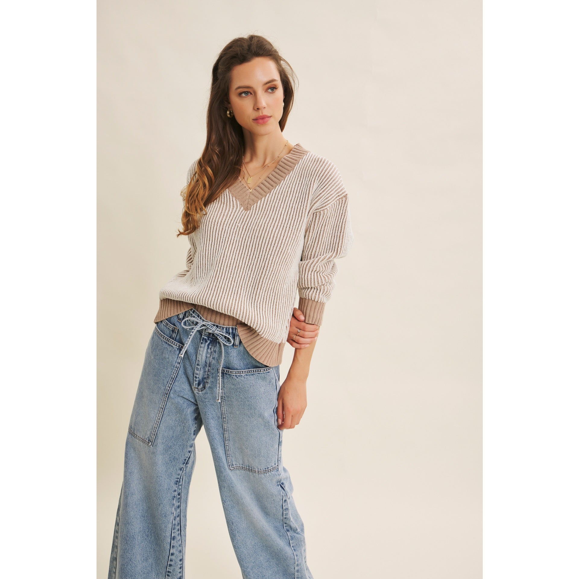 Kara Ribbed V Neck Chenille Sweater