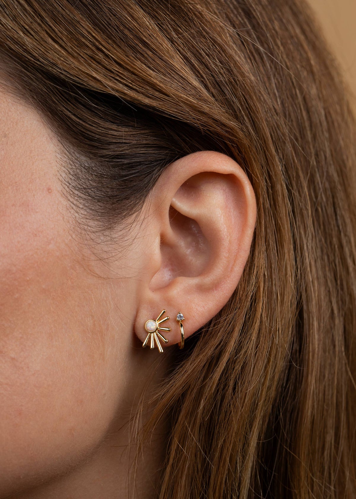 Gold White Opal Sun Ray Earrings