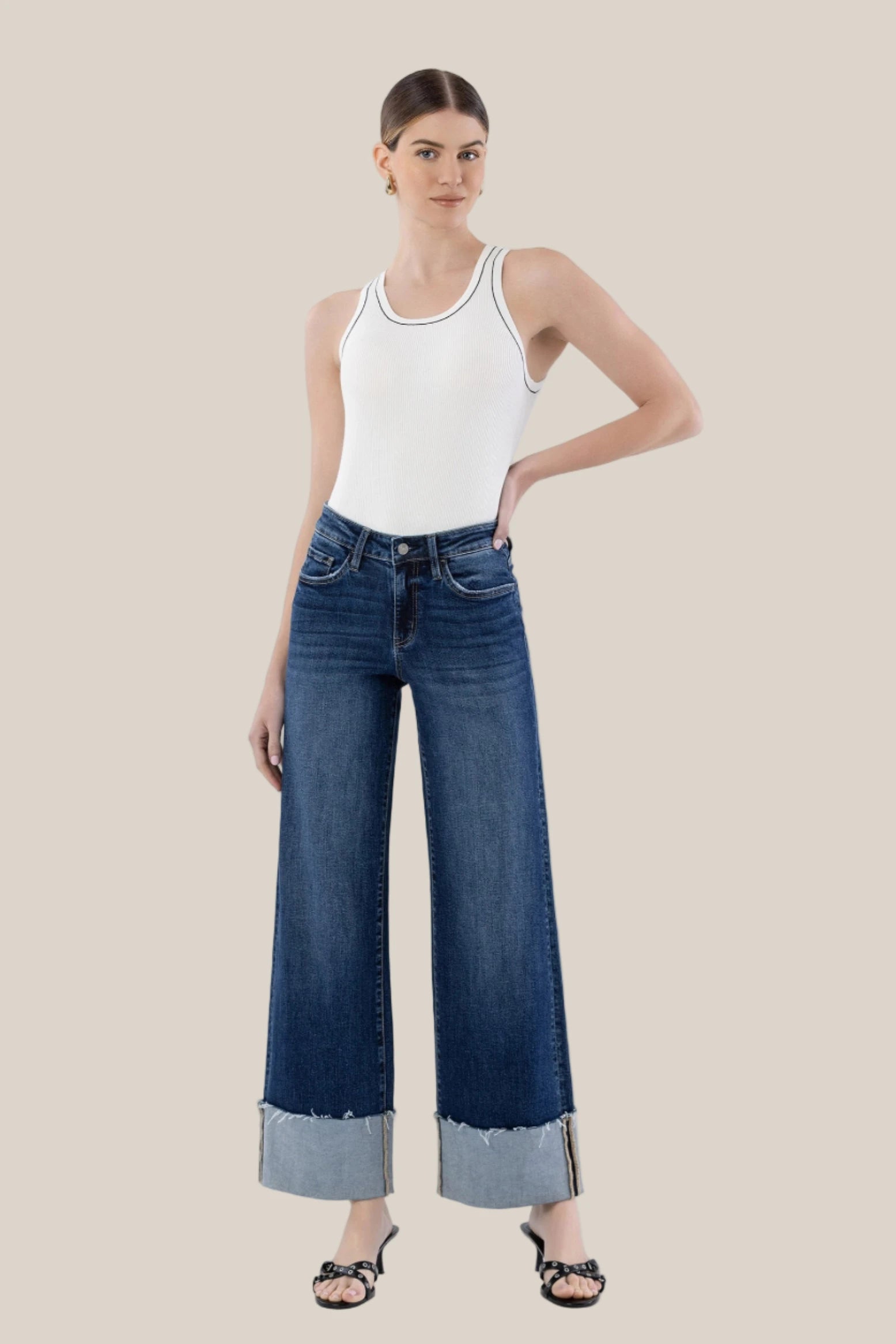 Heather High Rise Cuffed Wide Leg Jeans