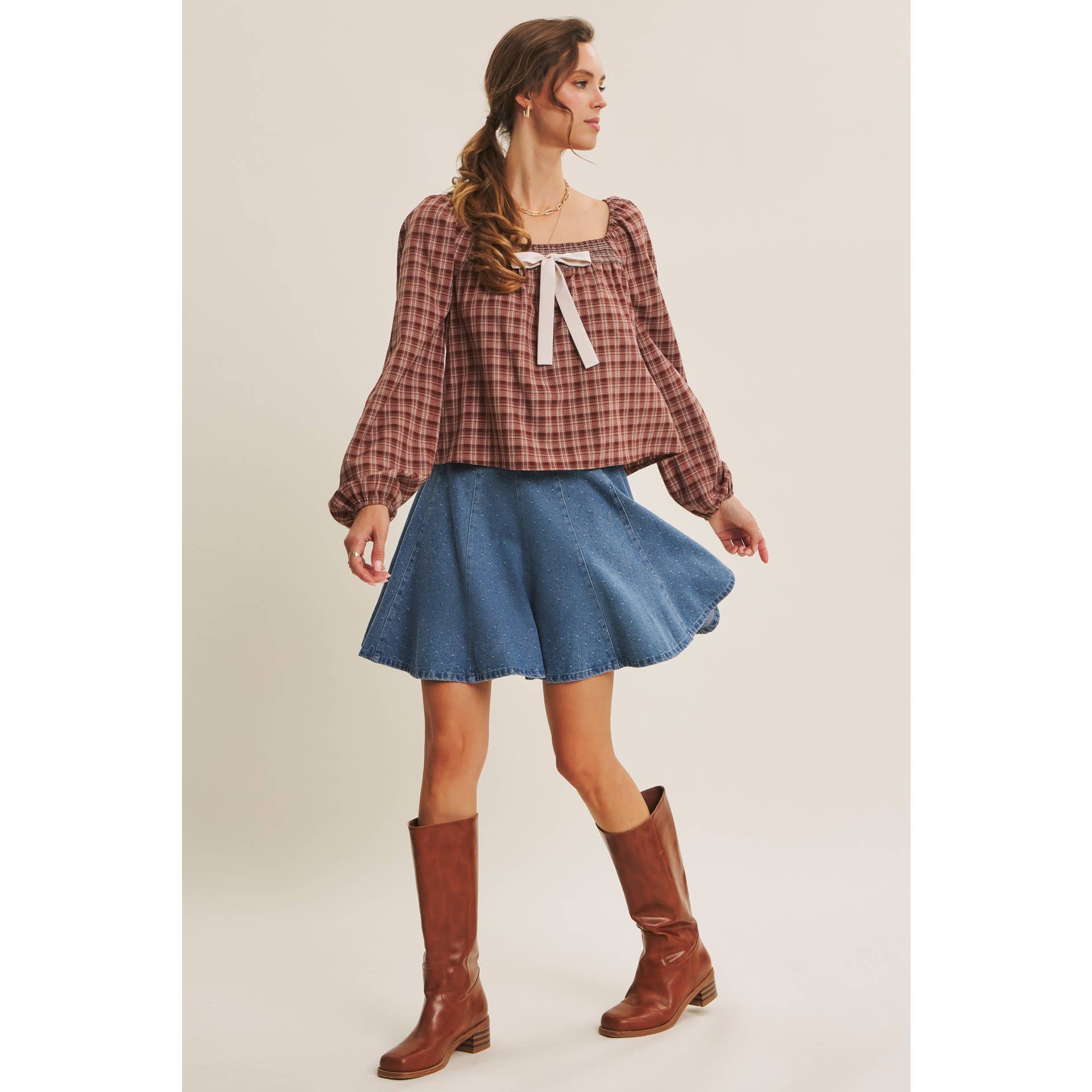 Willa Polka Dot Denim Flare Mini Skirt