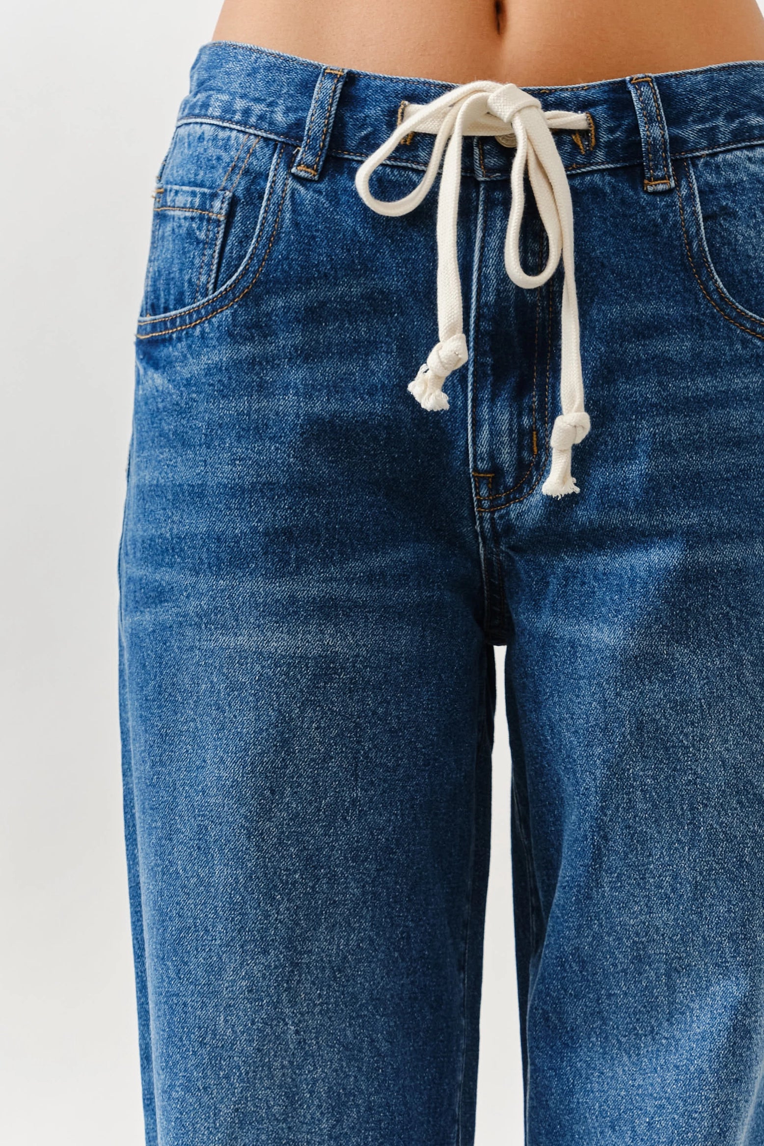 Cheyenne Drawstring Straight Leg Jeans in Medium Denim